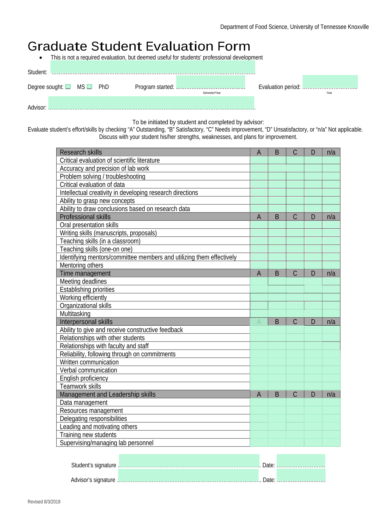 Graduate Student Evaluation Form screenshot