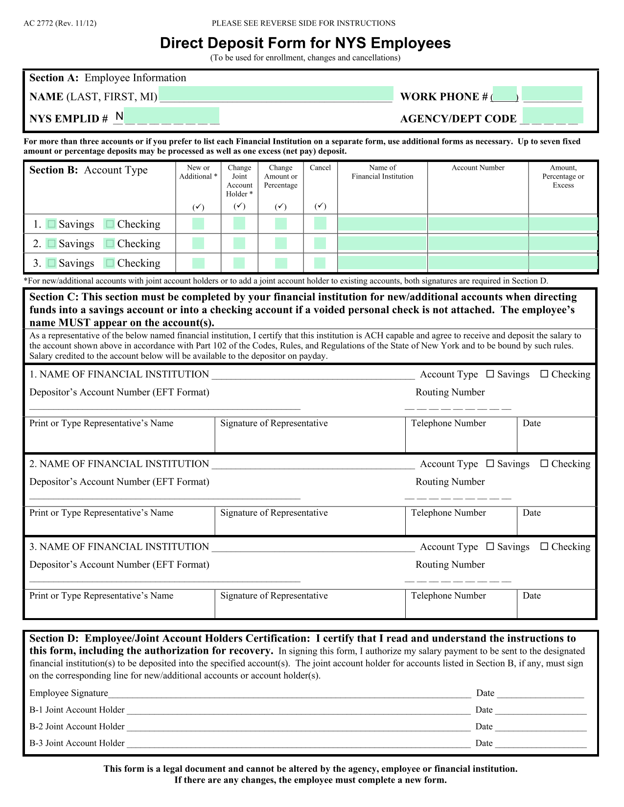 Direct Deposit Form For NYS Employees screenshot