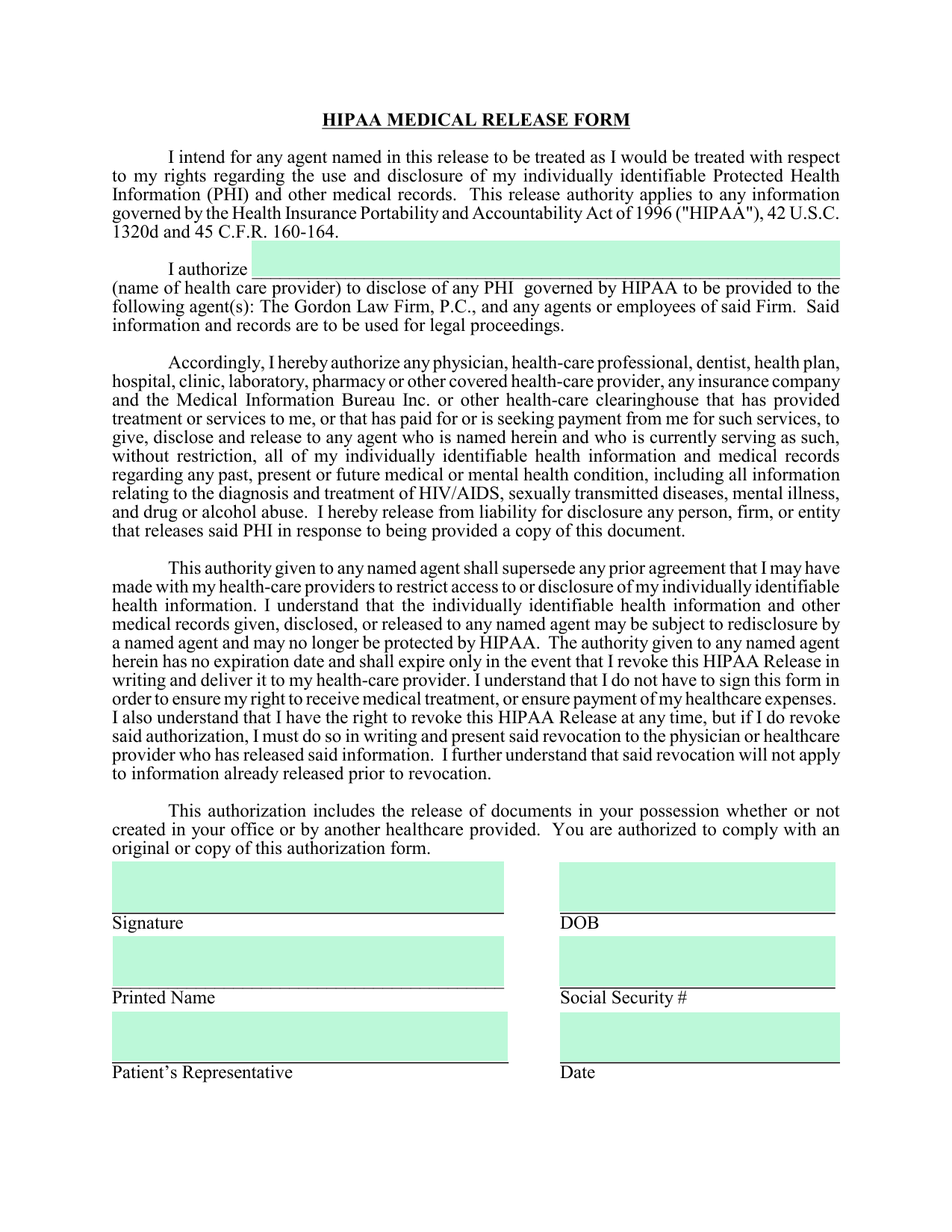 HIPAA Medical Release Form screenshot