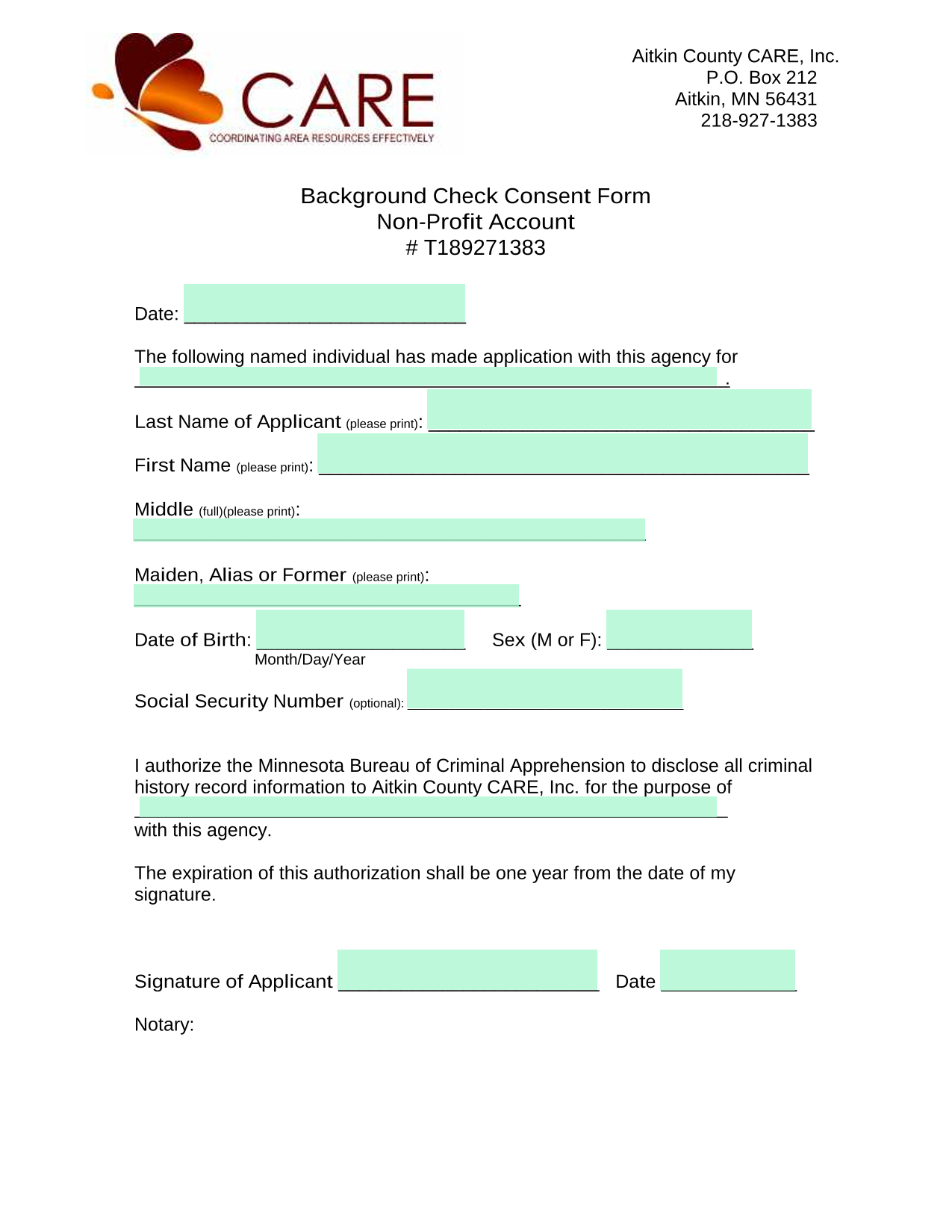 Background Check Consent Form screenshot