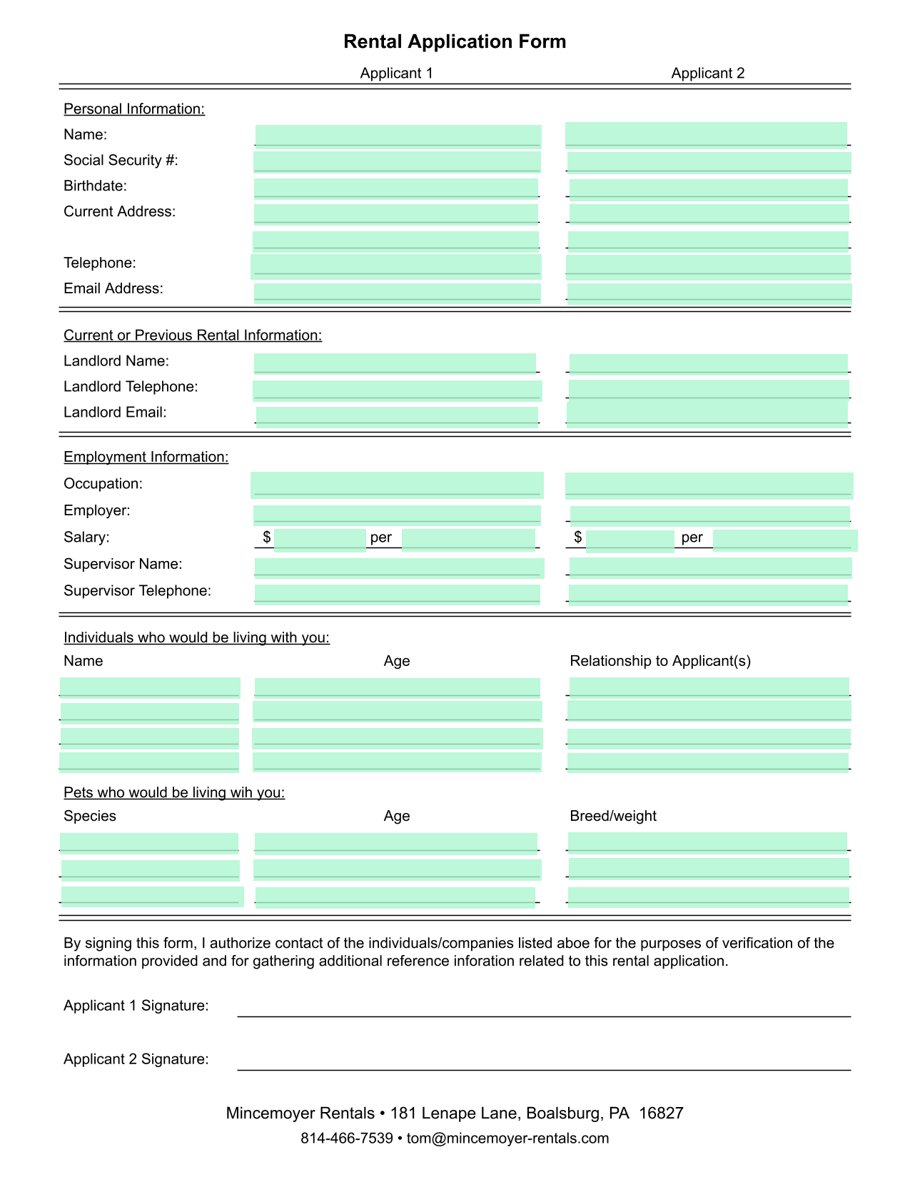 Rental Application Form screenshot