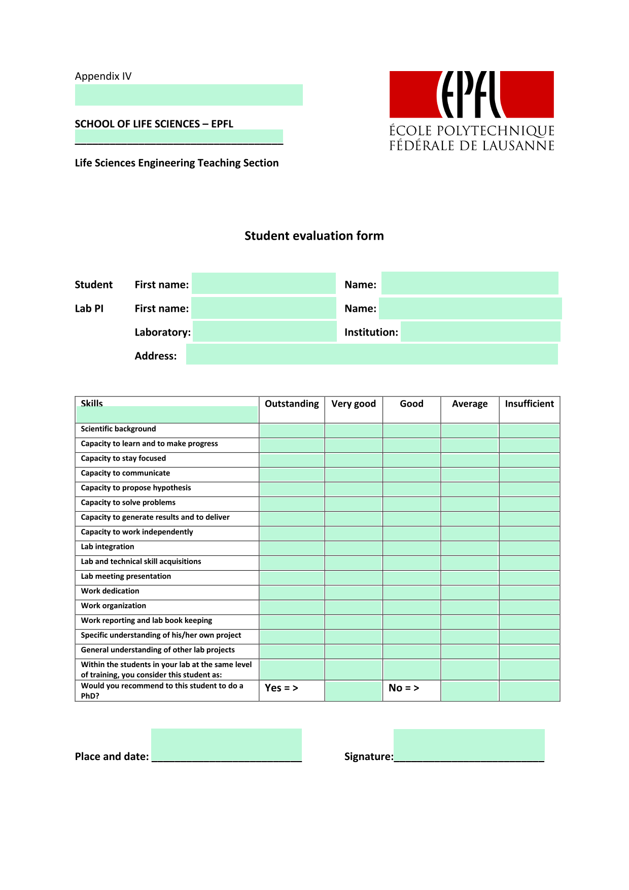 Student Evaluation Form screenshot