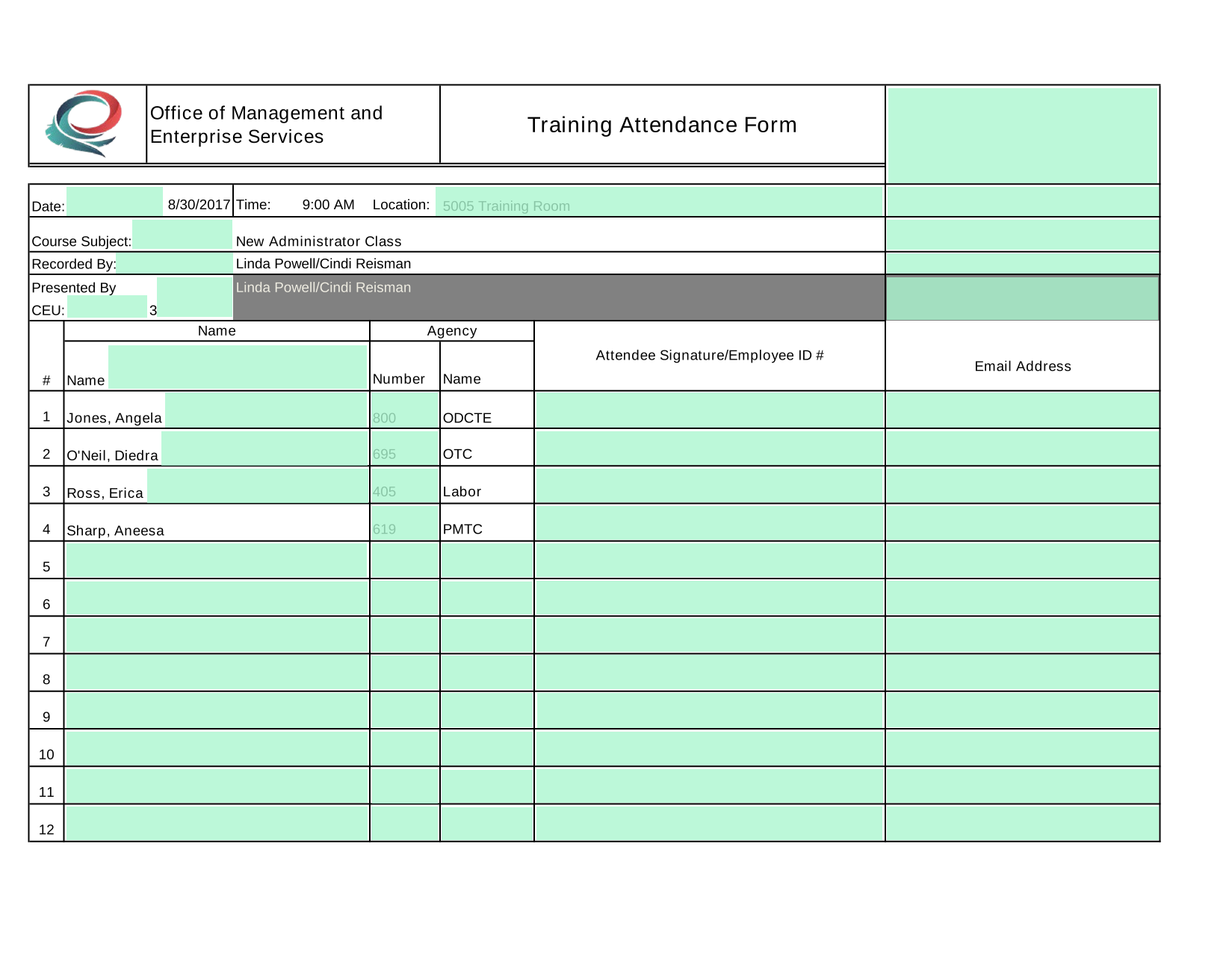 Training Attendance Form screenshot