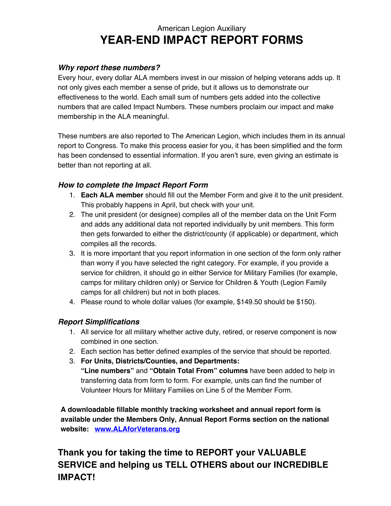 American Legion Auxiliary Year End Impact Report Forms screenshot