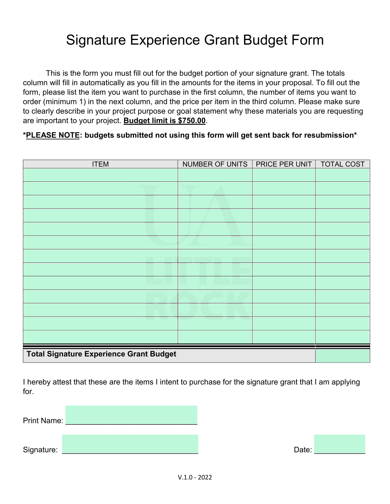 Signature Experience Grant Budget Form screenshot