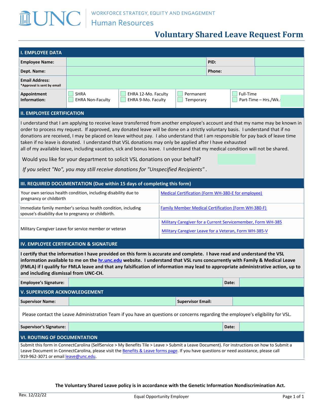 Voluntary Shared Leave Request Form screenshot