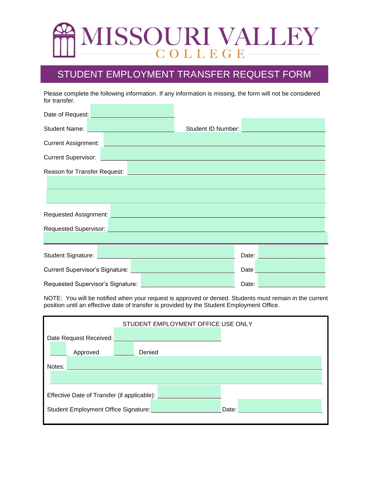 STUDENT EMPLOYMENT TRANSFER REQUEST FORM screenshot