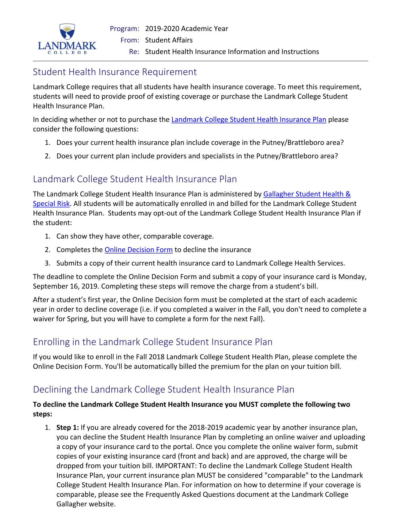 Student Health Insurance Information And Instructions screenshot