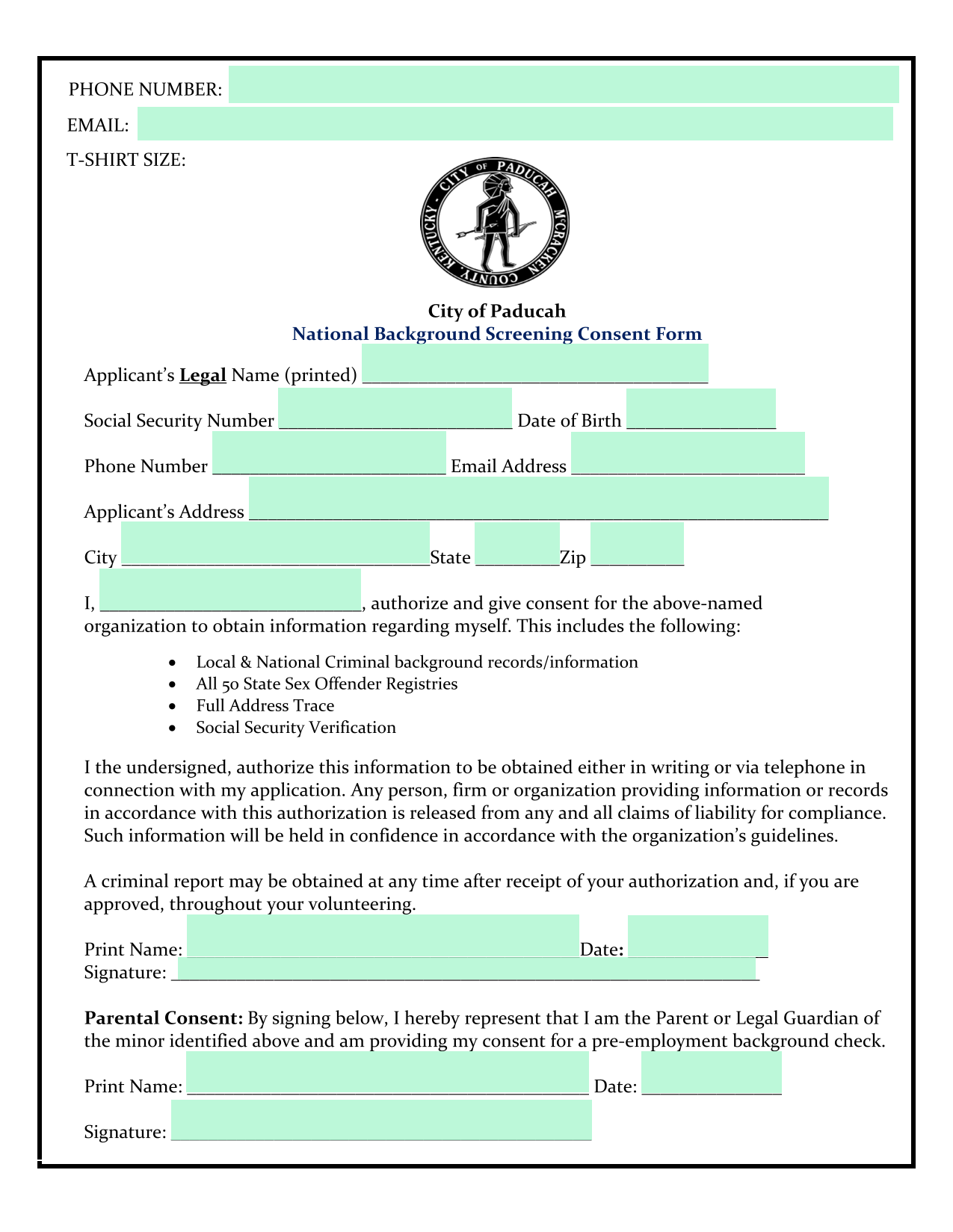 National Background Screening Consent Form screenshot