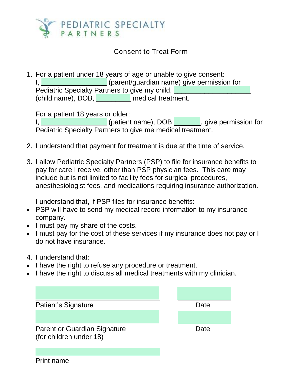 Consent To Treat Form screenshot