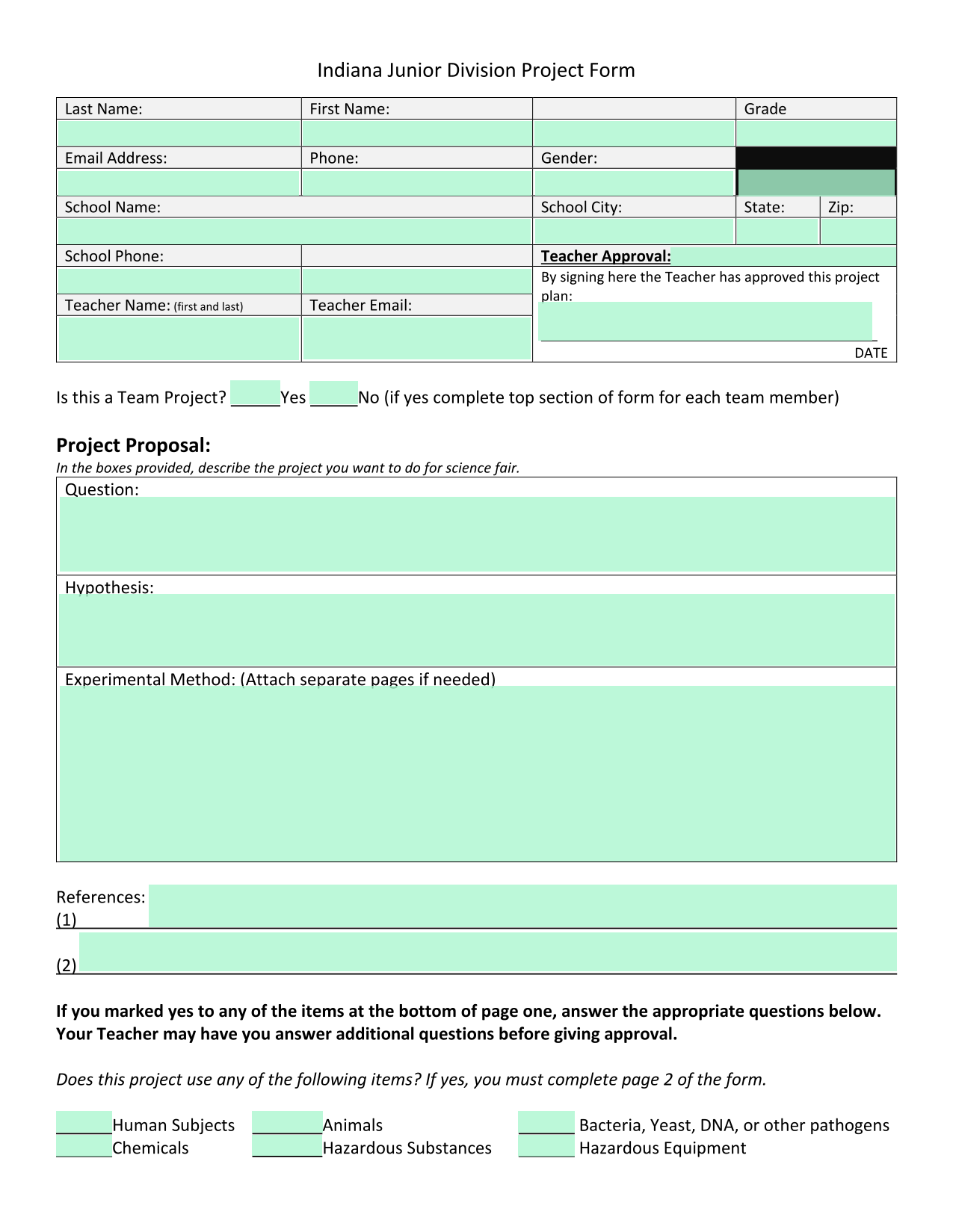 Indiana Junior Division Project Form screenshot