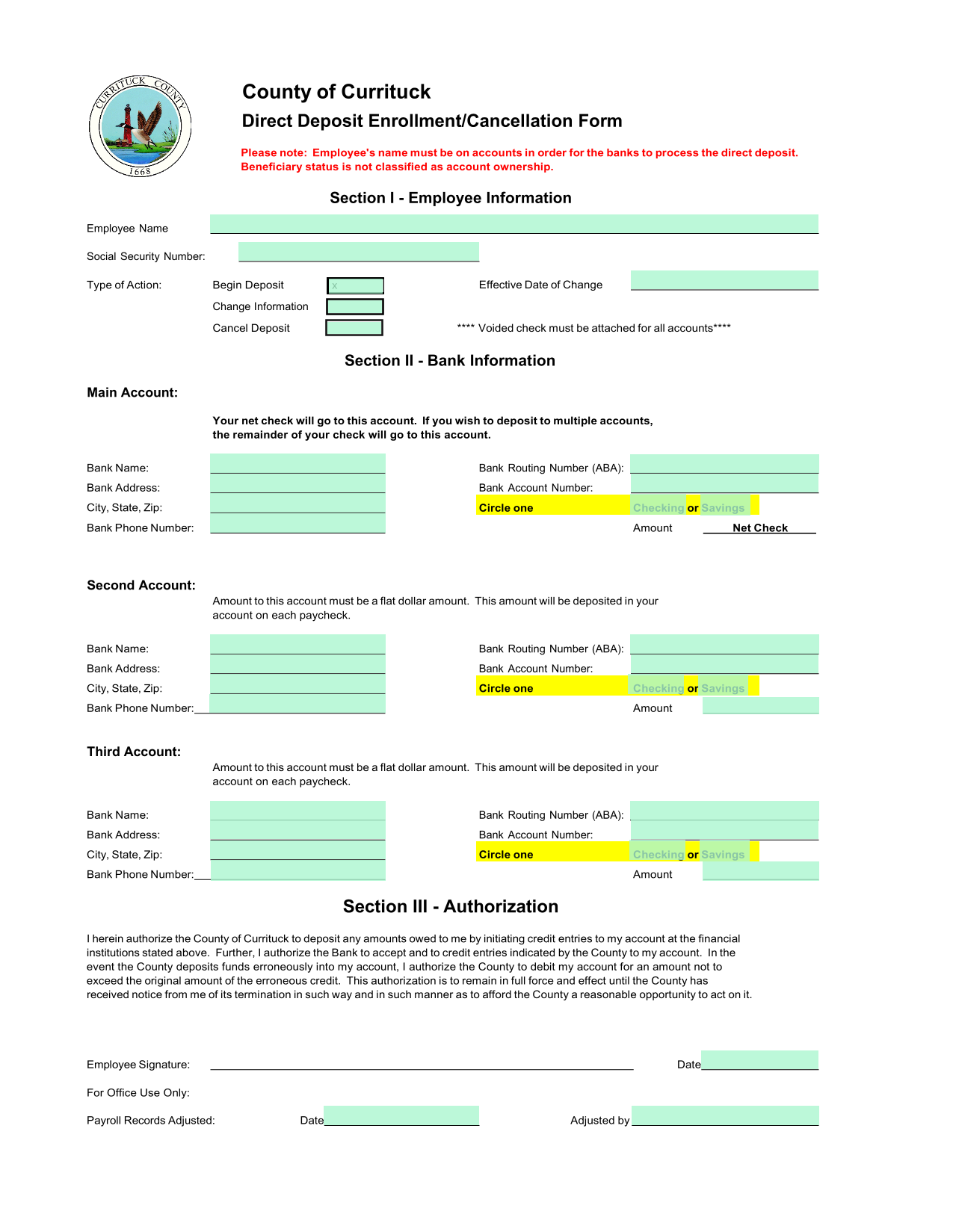 Direct Deposit EnrollmentCancellation Form screenshot