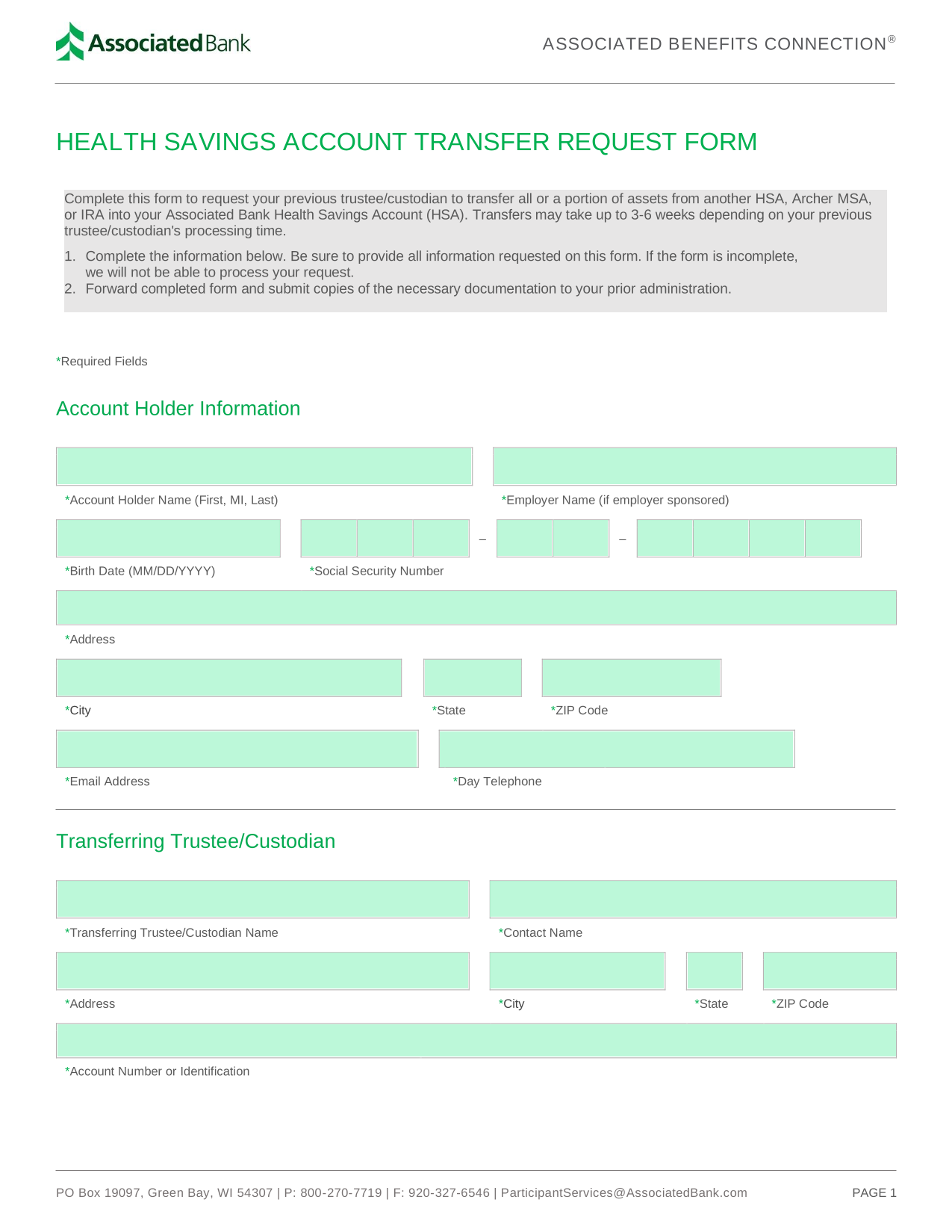 Health Savings Account Transfer Request Form screenshot