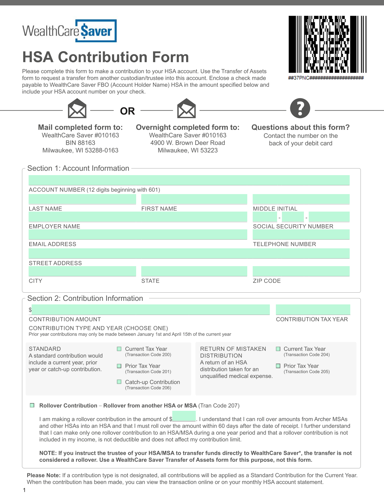 HSA Contribution Form screenshot