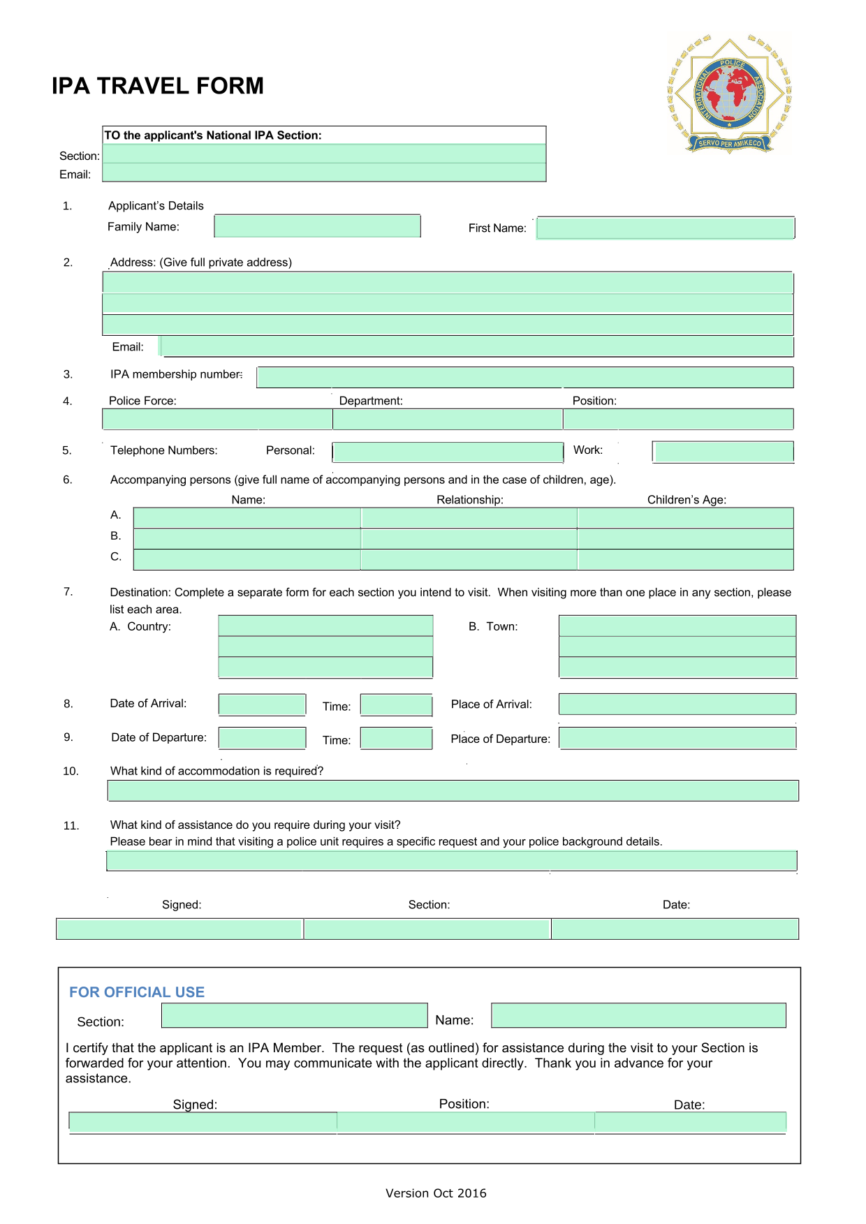 IPA TRAVEL FORM screenshot