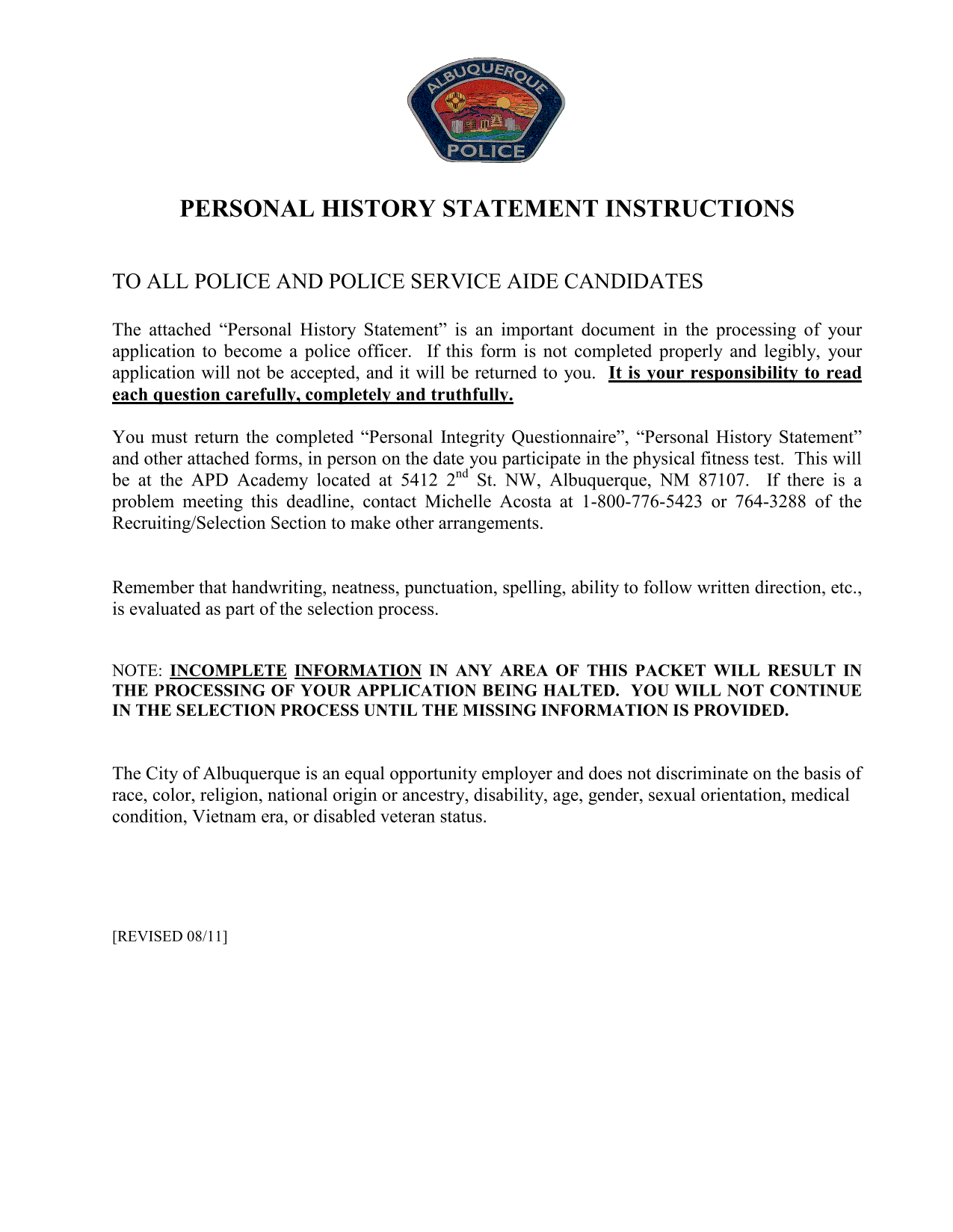 Personal History Statement Instructions screenshot