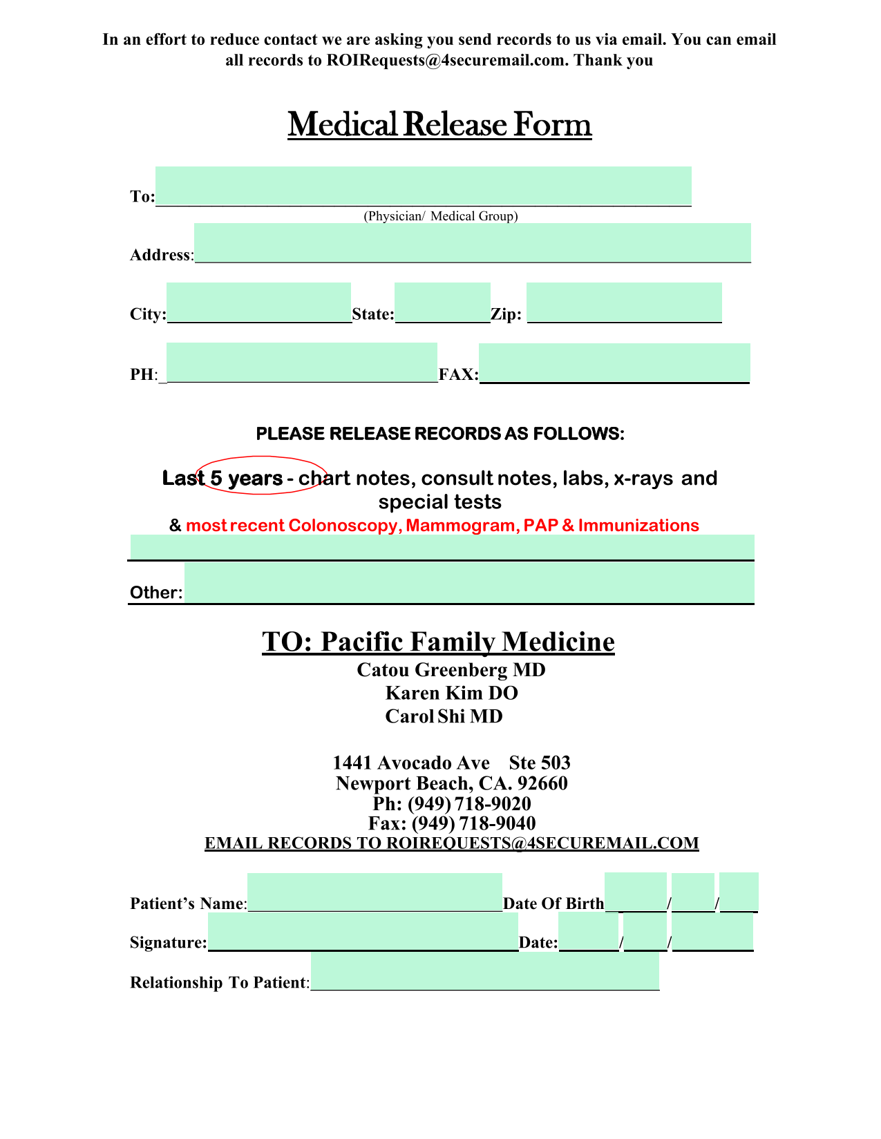 Medical Release Form screenshot