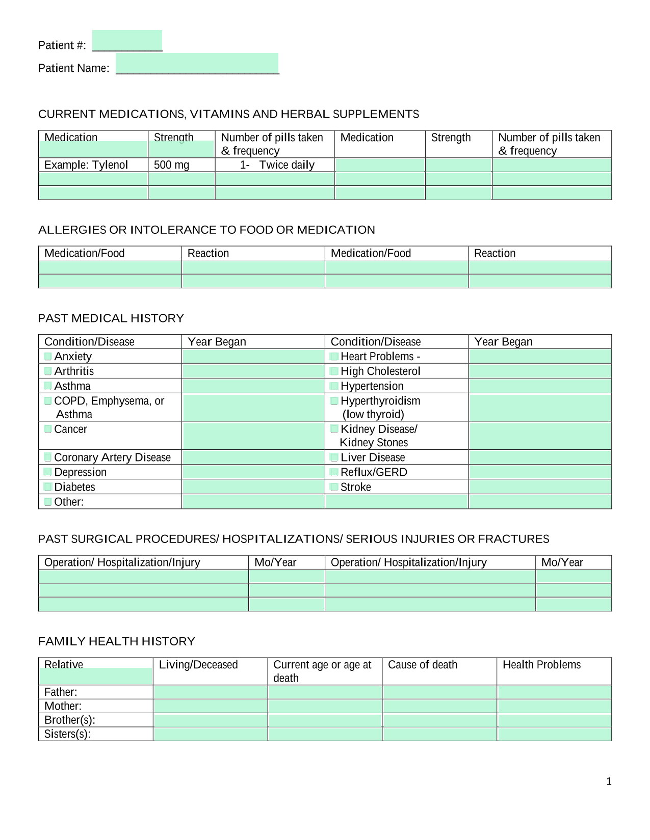 Patient Medical History Form screenshot