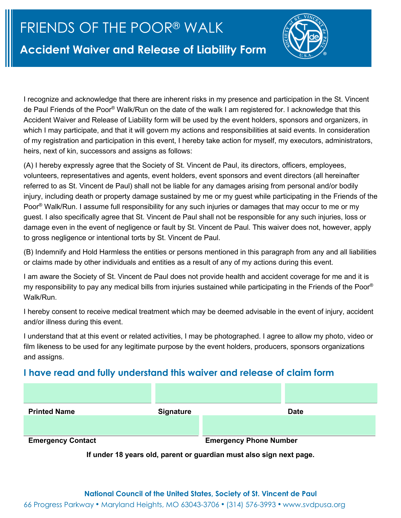 Accident Waiver And Release Of Liability Form screenshot