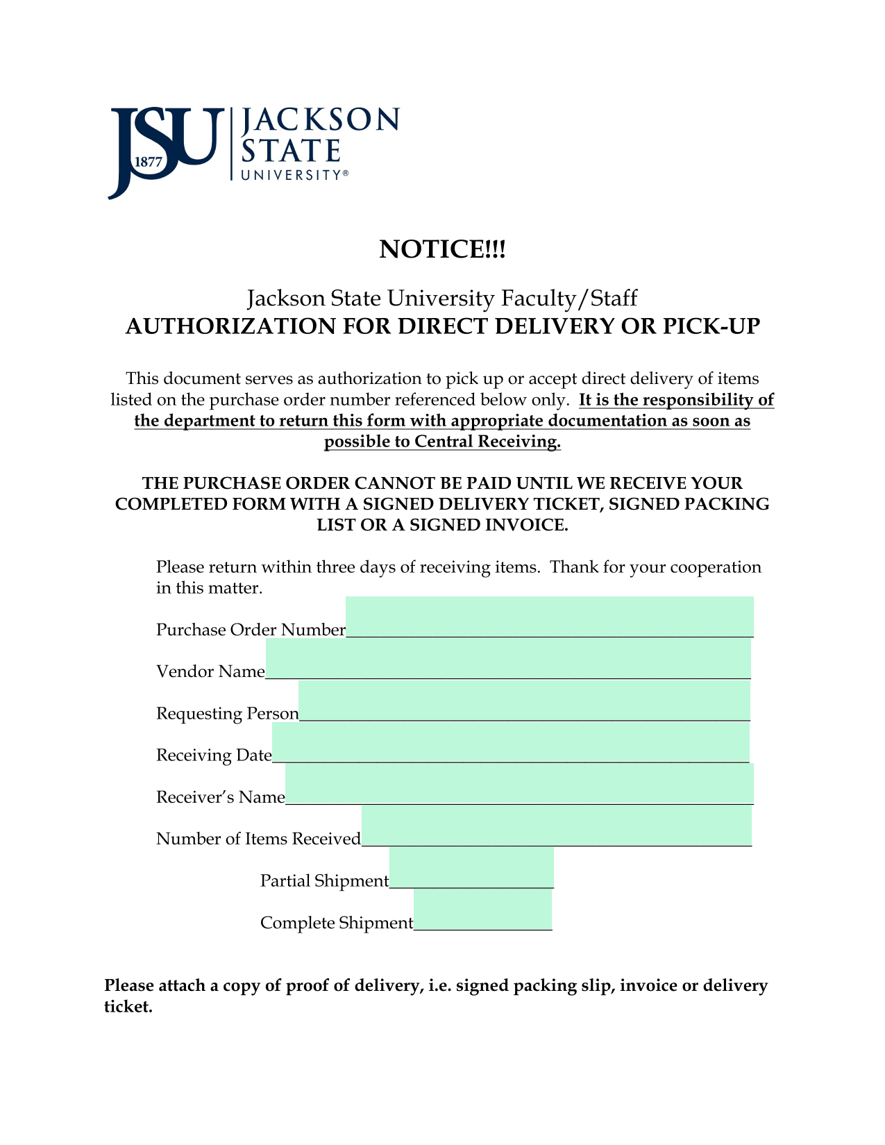 Jackson State University FacultyStaff Authorization For Direct Delivery Or Pick Up screenshot