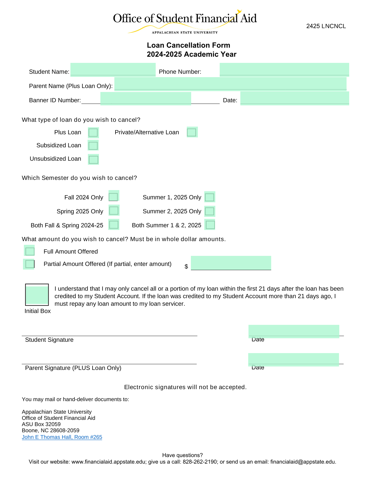 Loan Cancellation Form screenshot