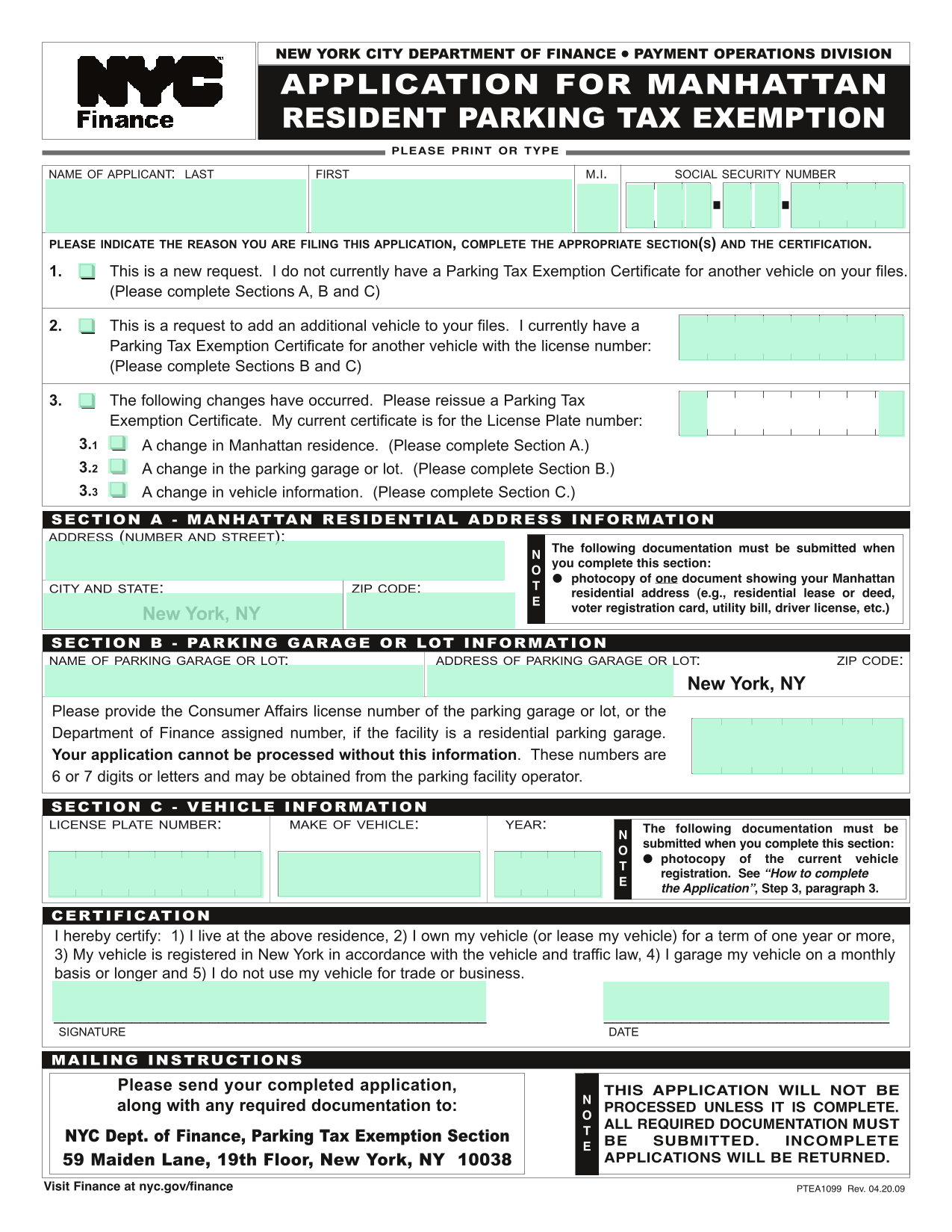 Application For Manhattan Resident Parking Tax Exemption screenshot