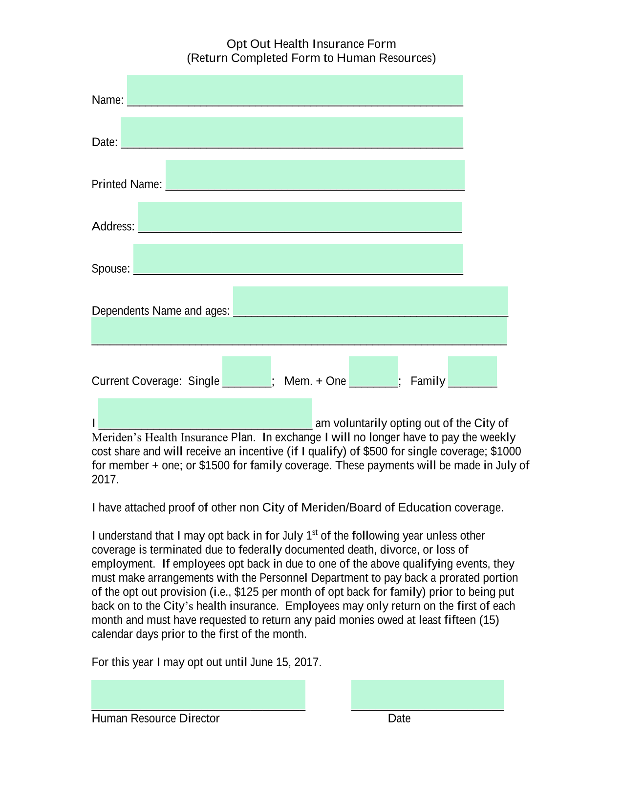 Opt Out Health Insurance Form screenshot
