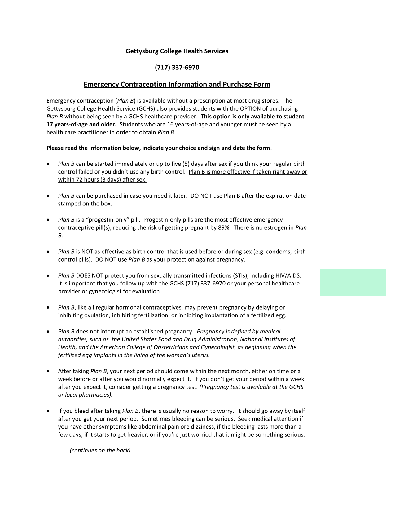 Emergency Contraception Information And Purchase Form screenshot