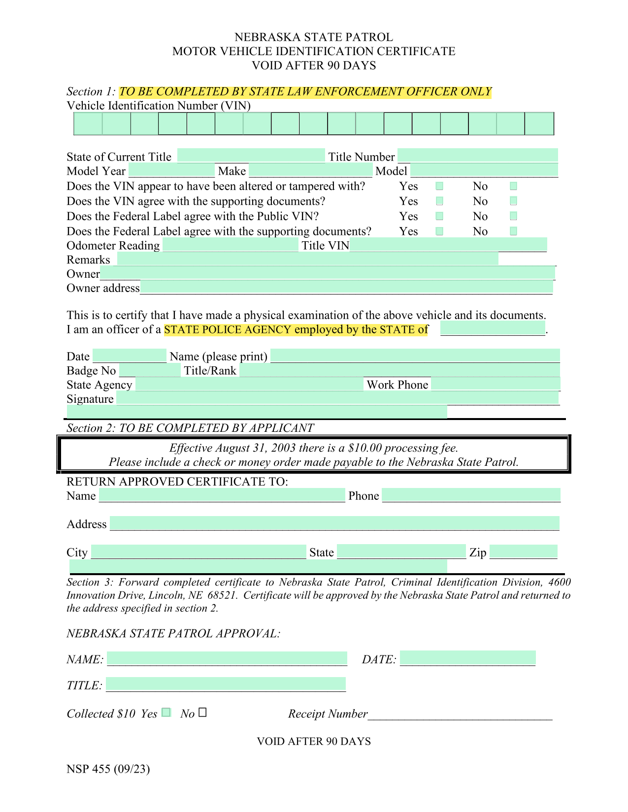 NSP 455 Motor Vehicle Identification Certificate screenshot