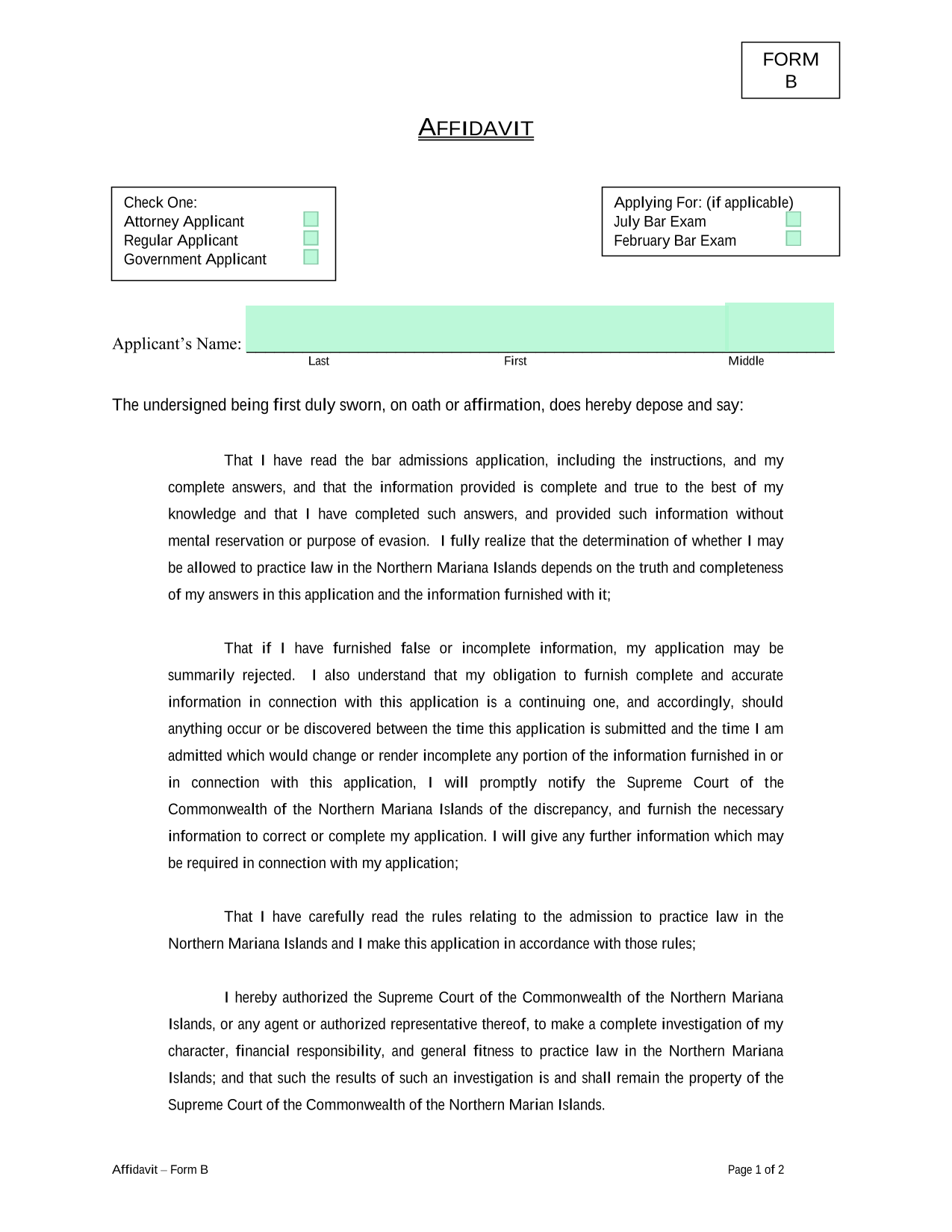 Affidavit  Form B screenshot