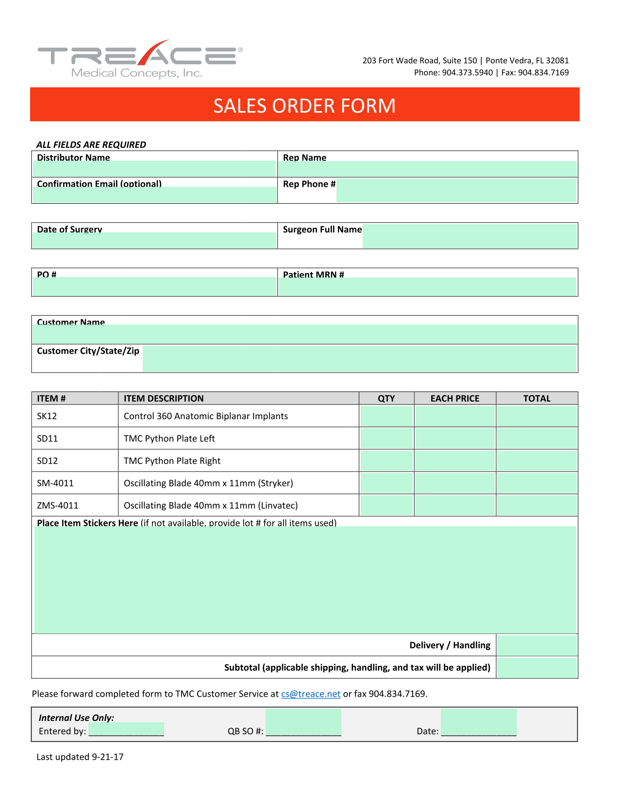 SALES ORDER FORM screenshot