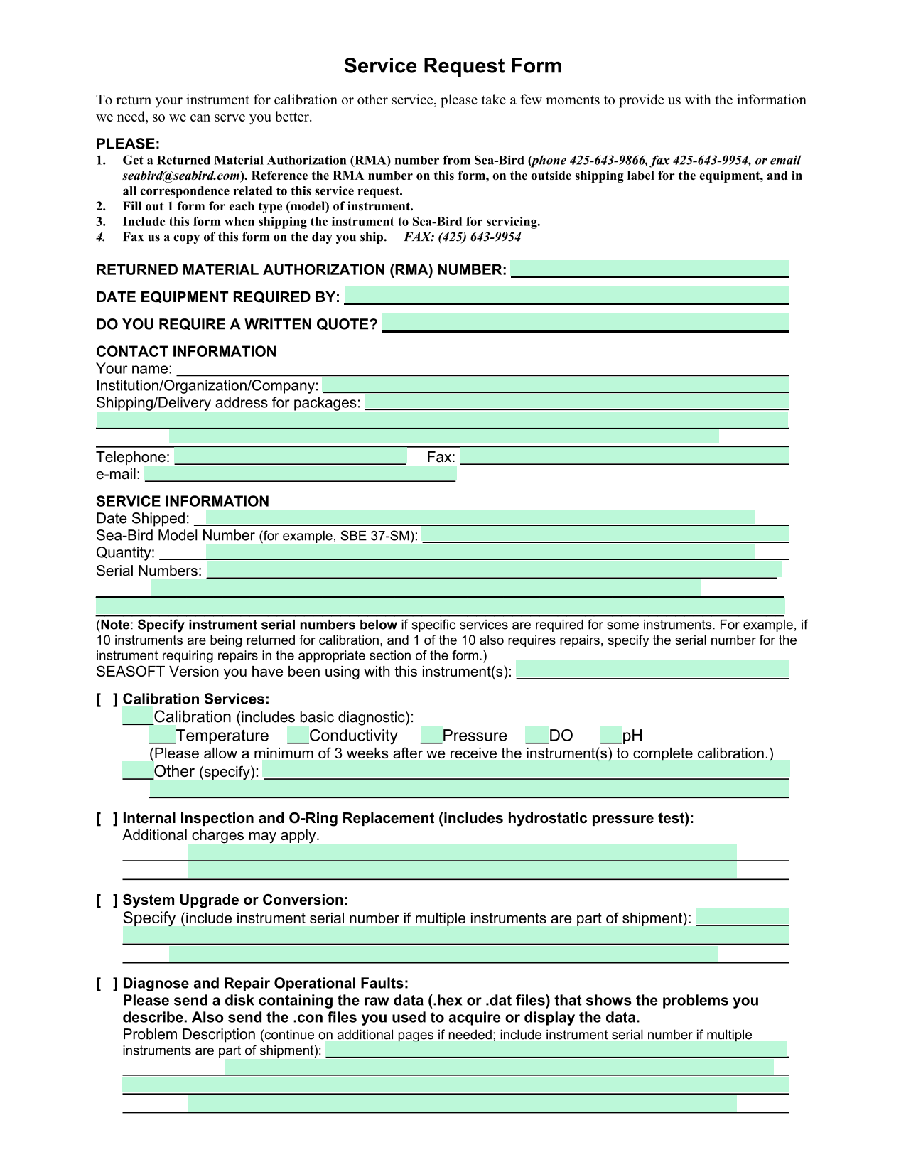 Service Request Form screenshot