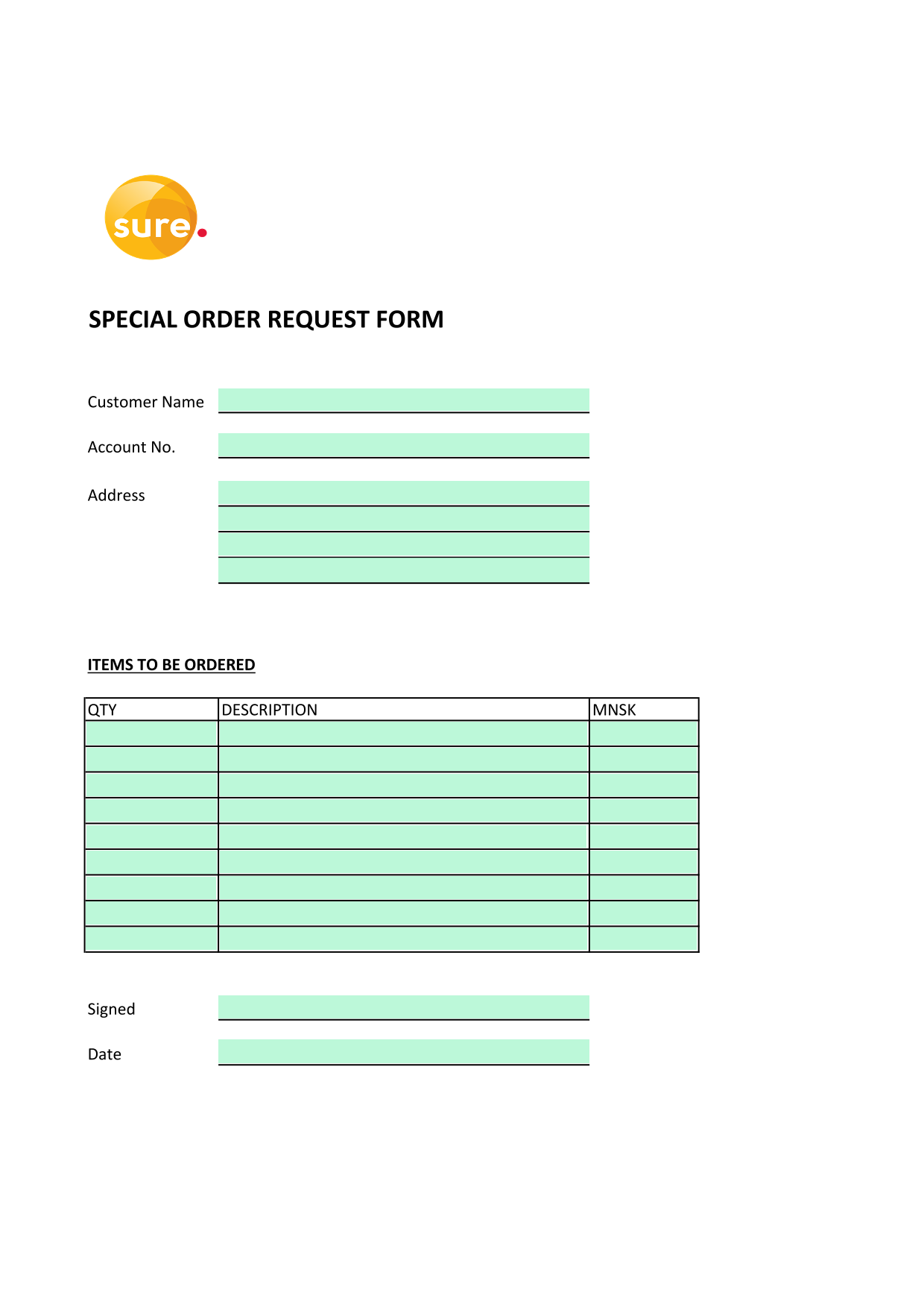 SPECIAL ORDER REQUEST FORM screenshot