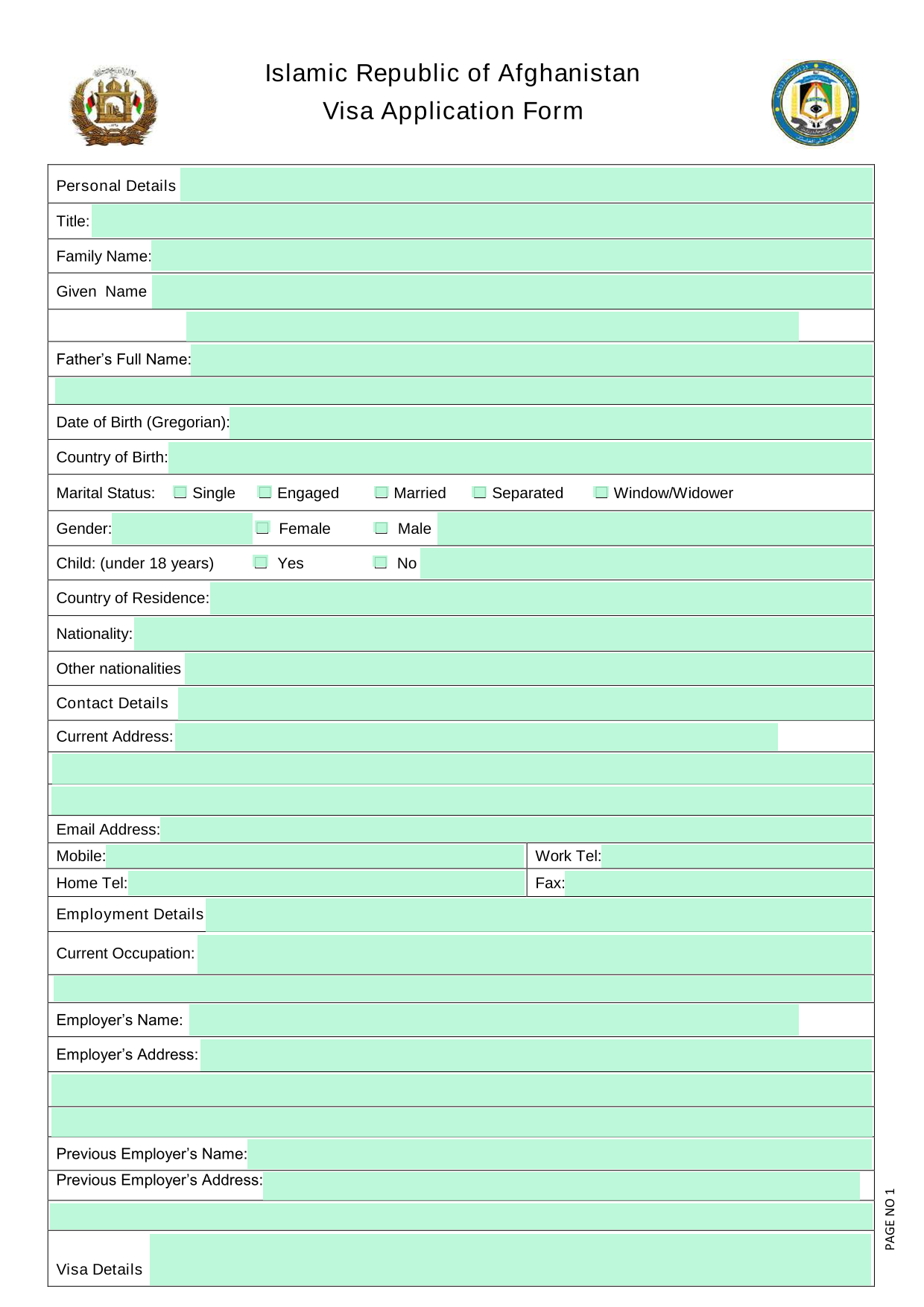 Islamic Republic Of Afghanistan Visa Application Form screenshot