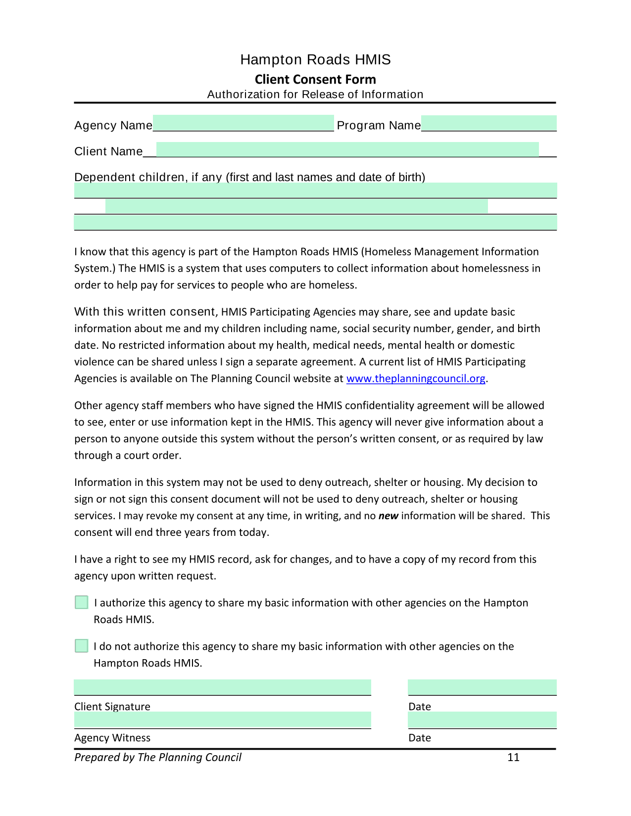 Hampton Roads HMIS Client Consent Form screenshot