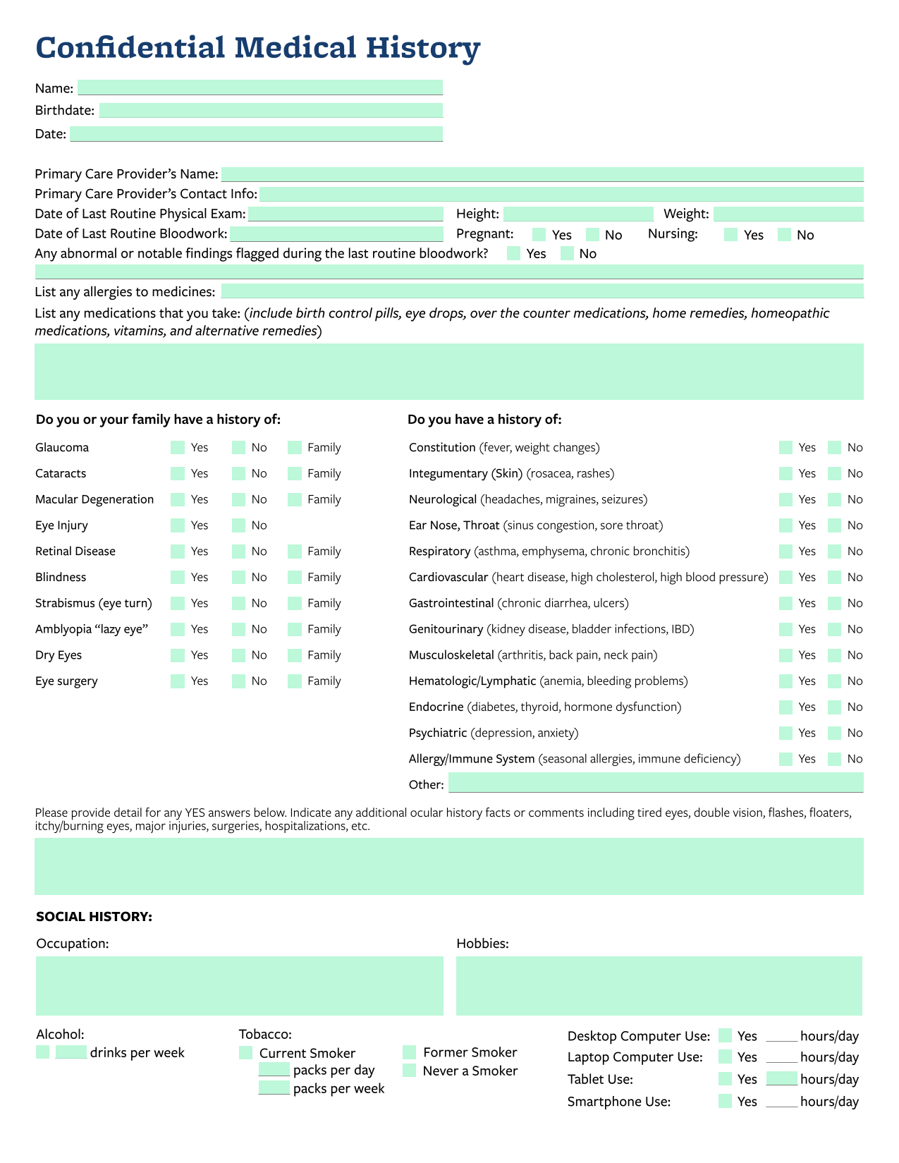 Confidential Medical History screenshot