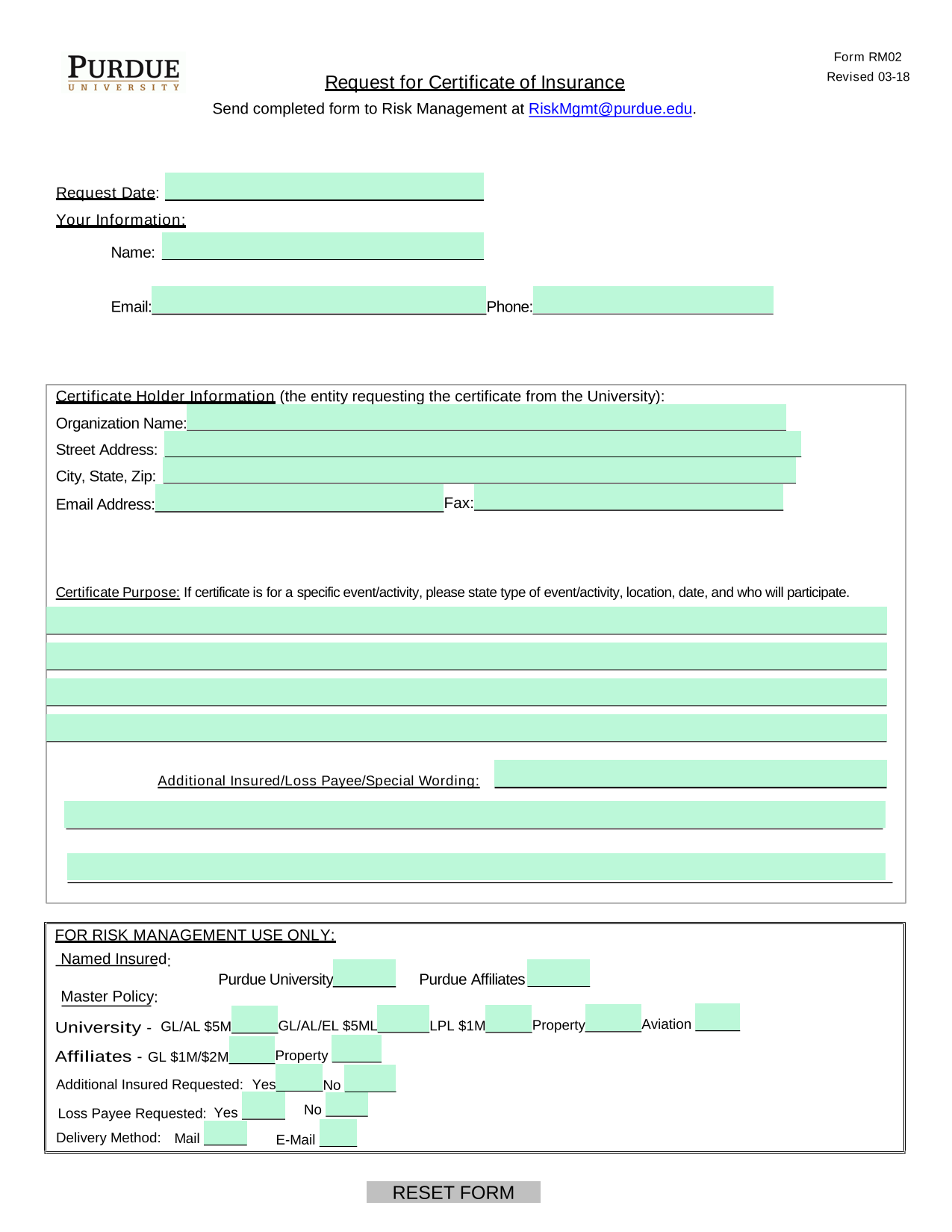 Request For Certificate Of Insurance screenshot