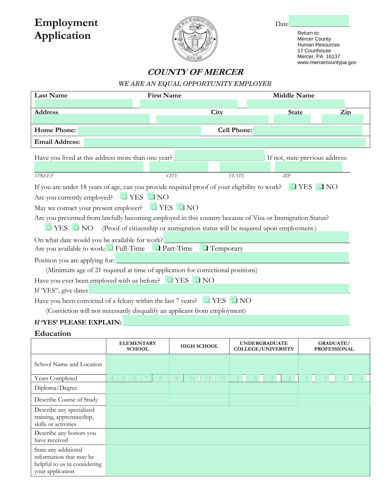 Employment Application screenshot