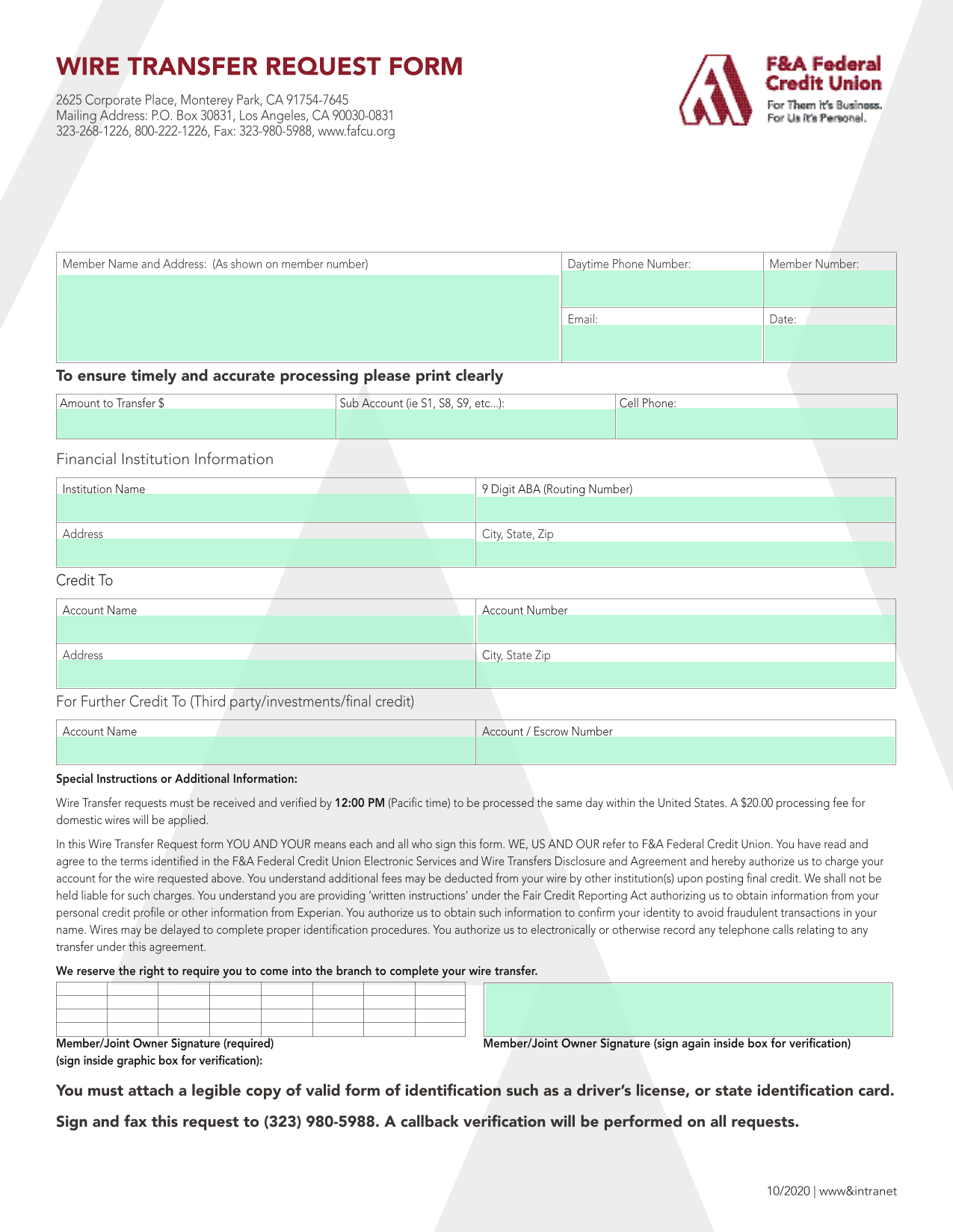 Wire Transfer Request Form screenshot
