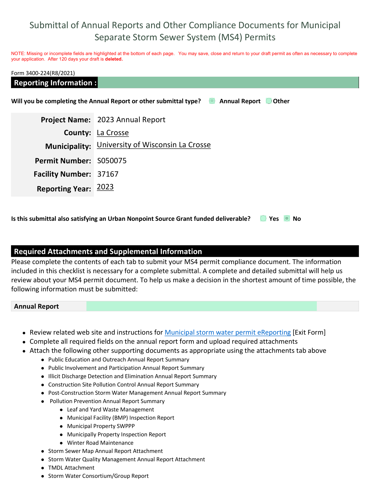 Submittal Of Annual Reports And Other Compliance Documents For Municipal Separate Storm Sewer System screenshot
