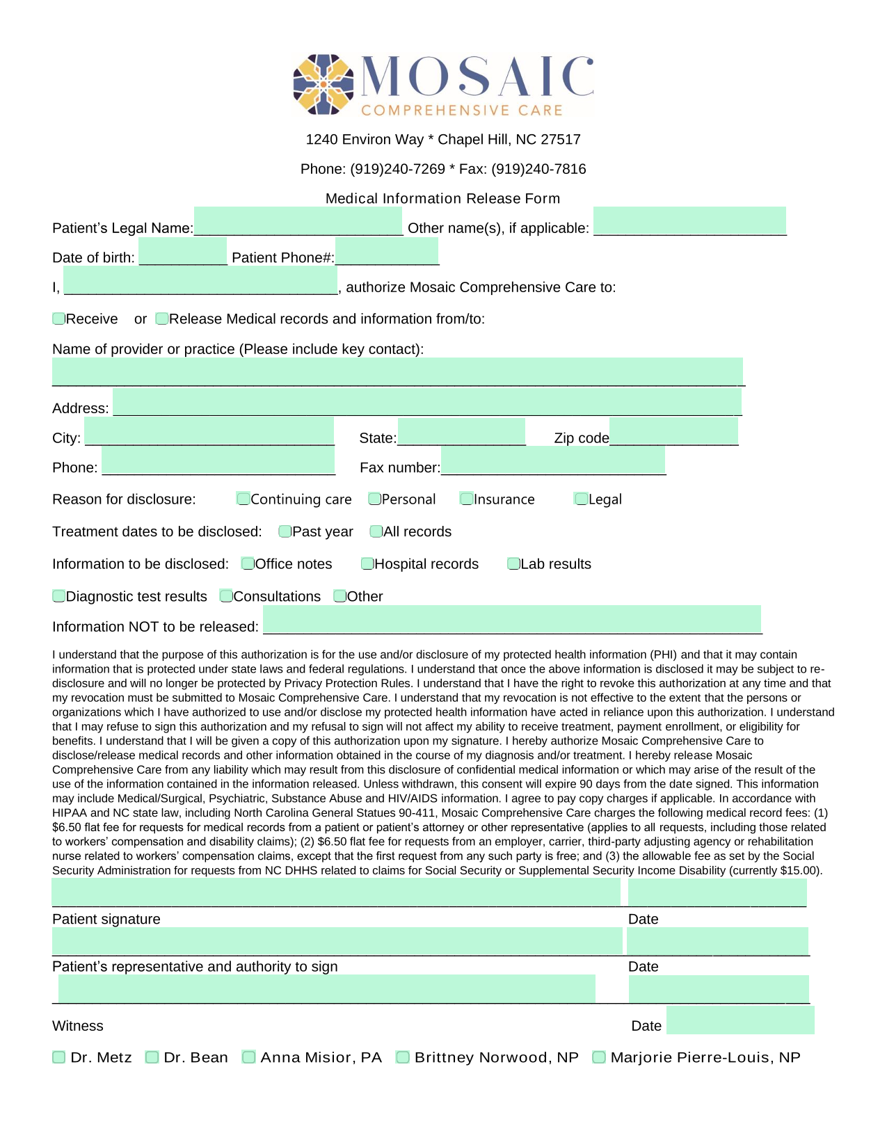 Medical Information Release Form screenshot