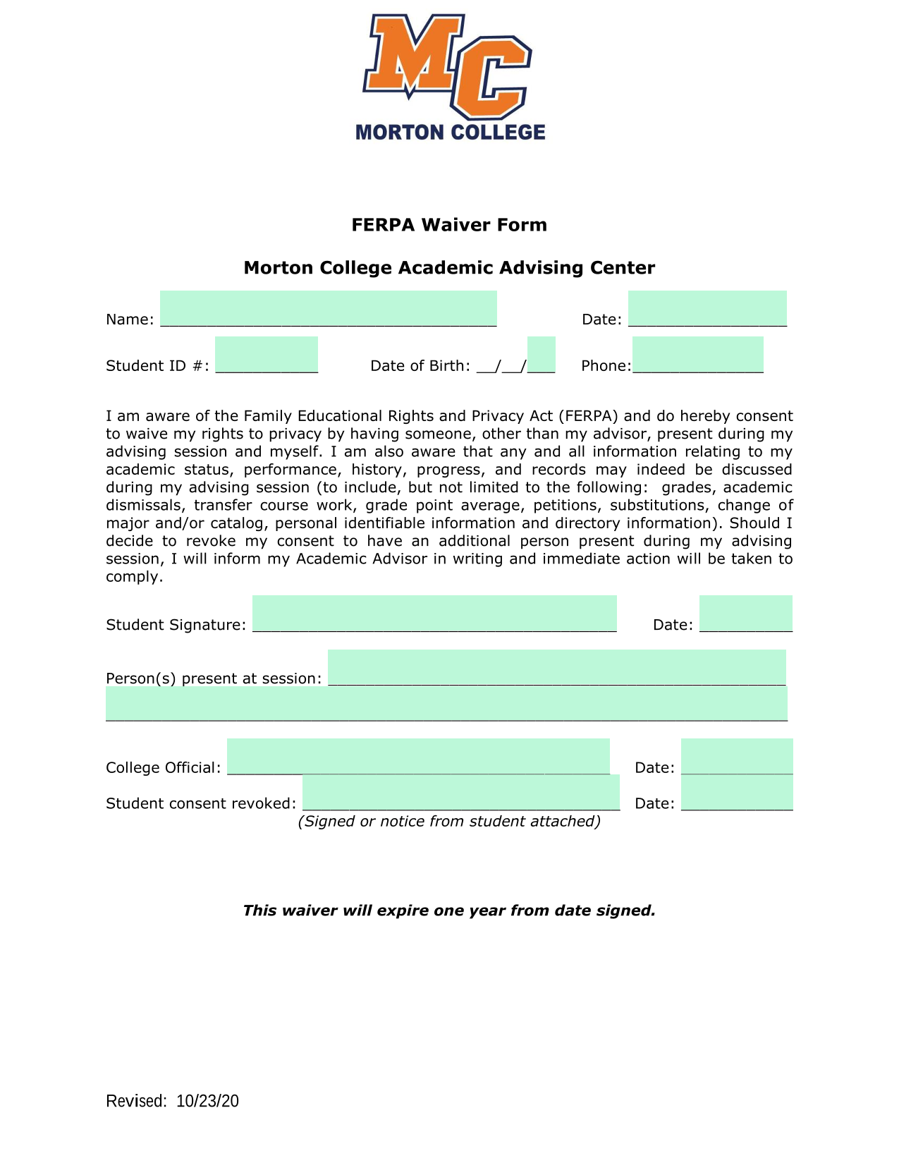 FERPA Waiver Form screenshot