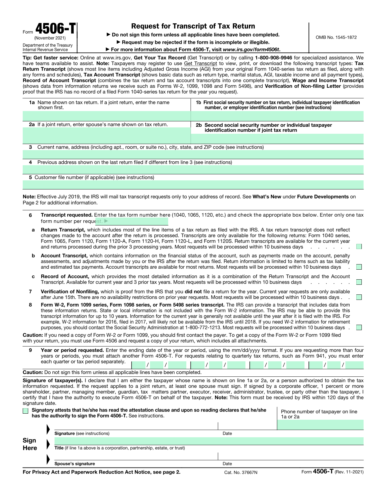 Form 4506 T screenshot