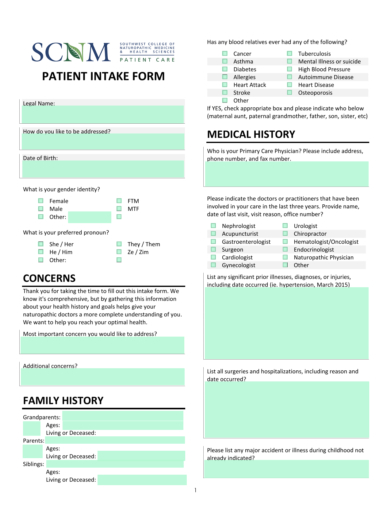 PATIENT INTAKE FORM screenshot