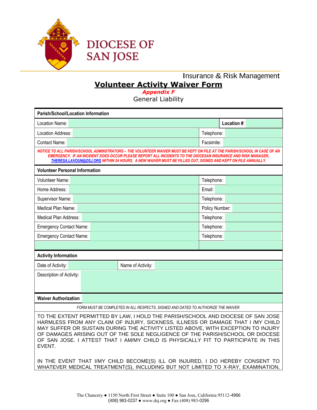 Volunteer Activity Waiver Form screenshot