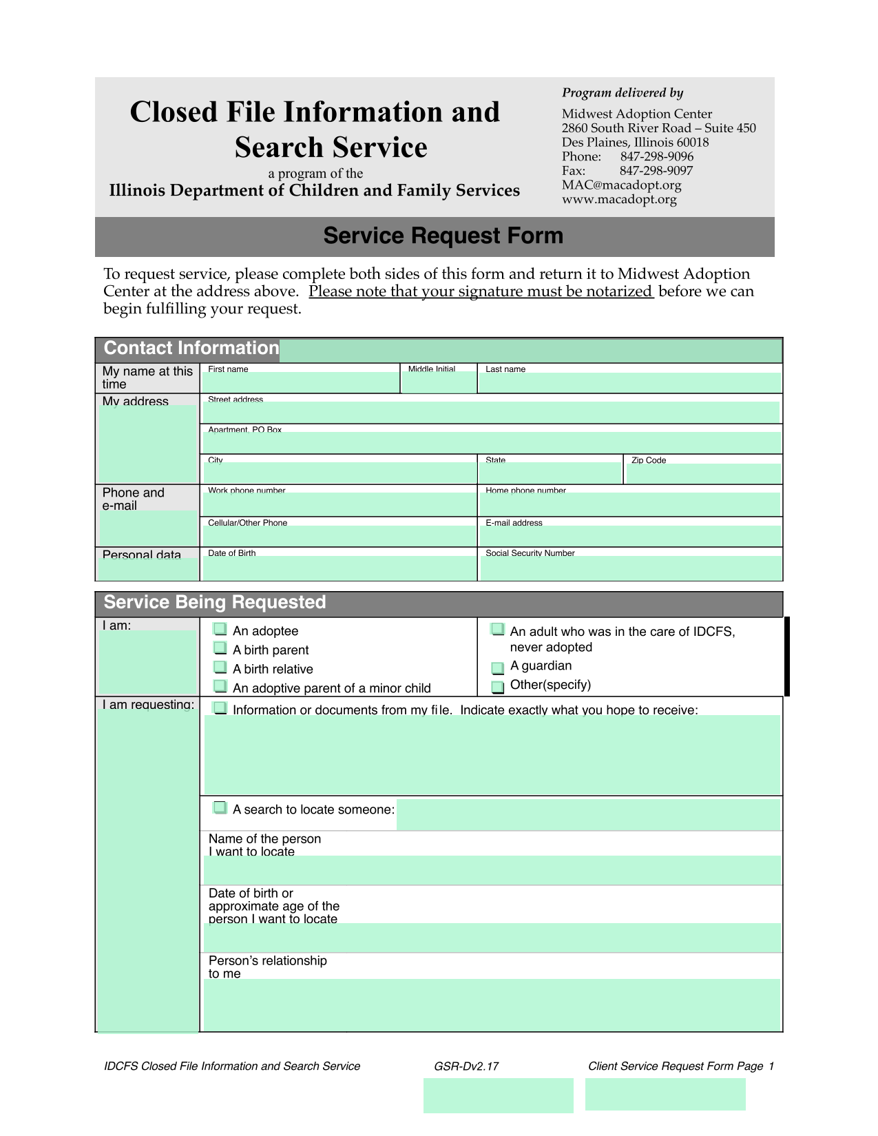 Service Request Form screenshot