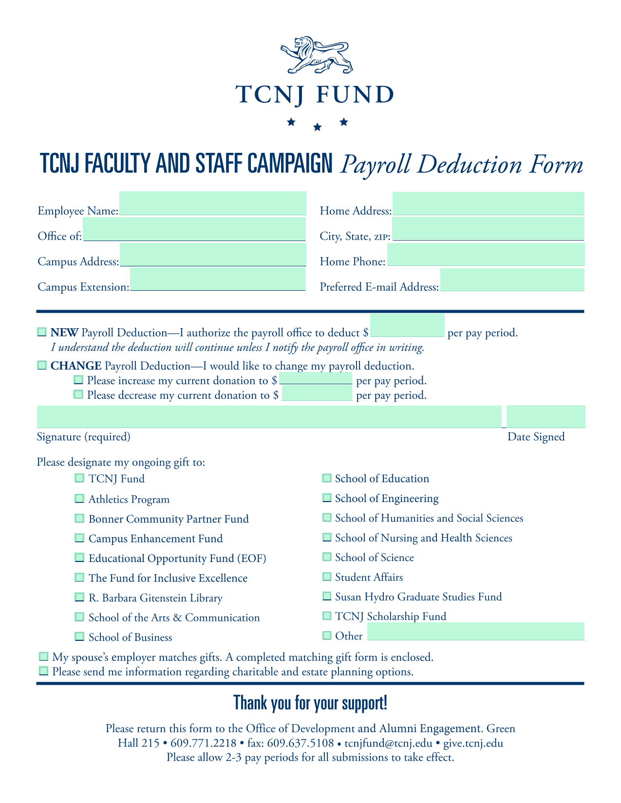 TCNJ FACULTY AND STAFF CAMPAIGN Payroll Deduction Form screenshot