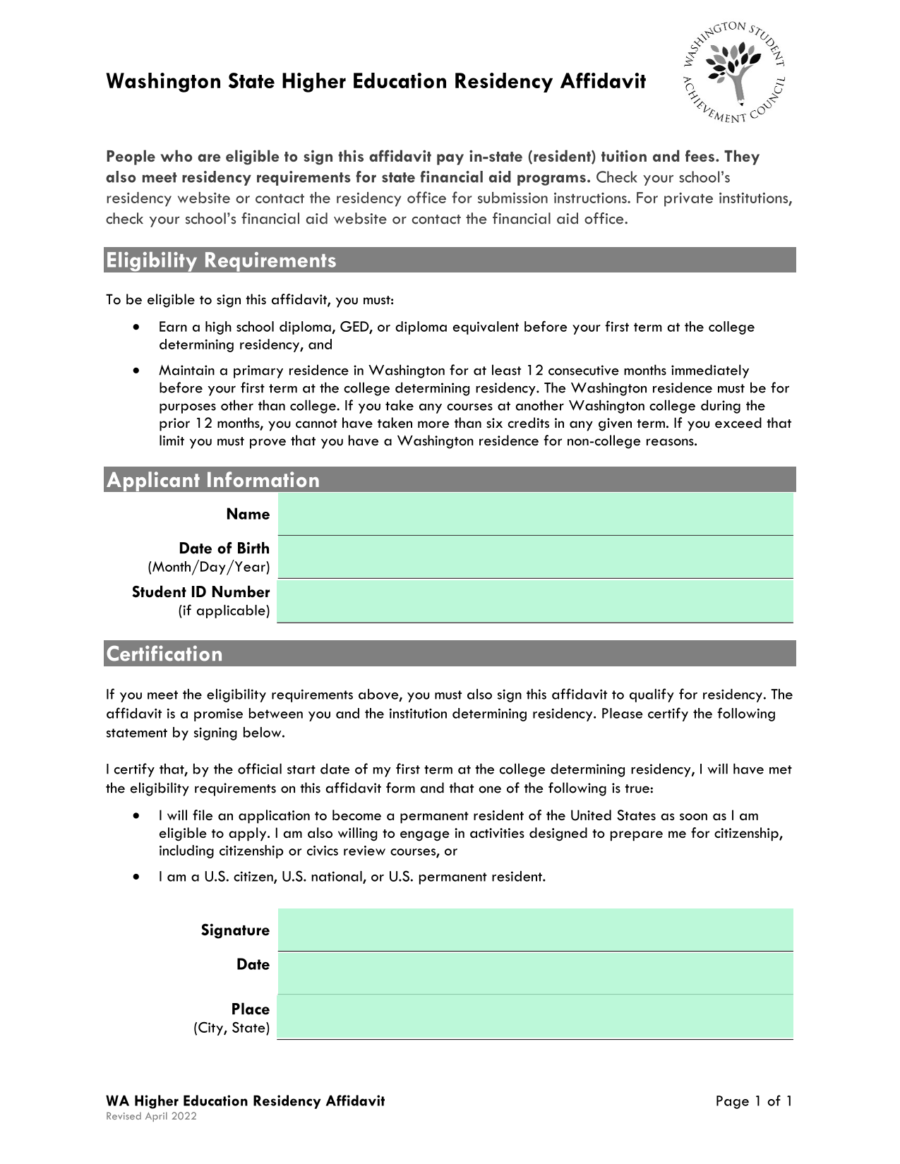 Washington State Higher Education Residency Affidavit screenshot
