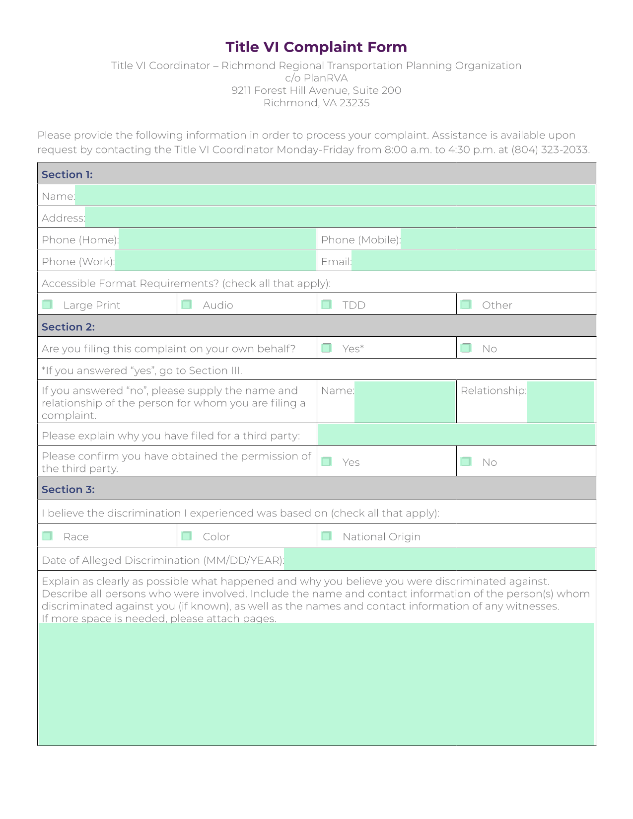 Title VI Complaint Form screenshot
