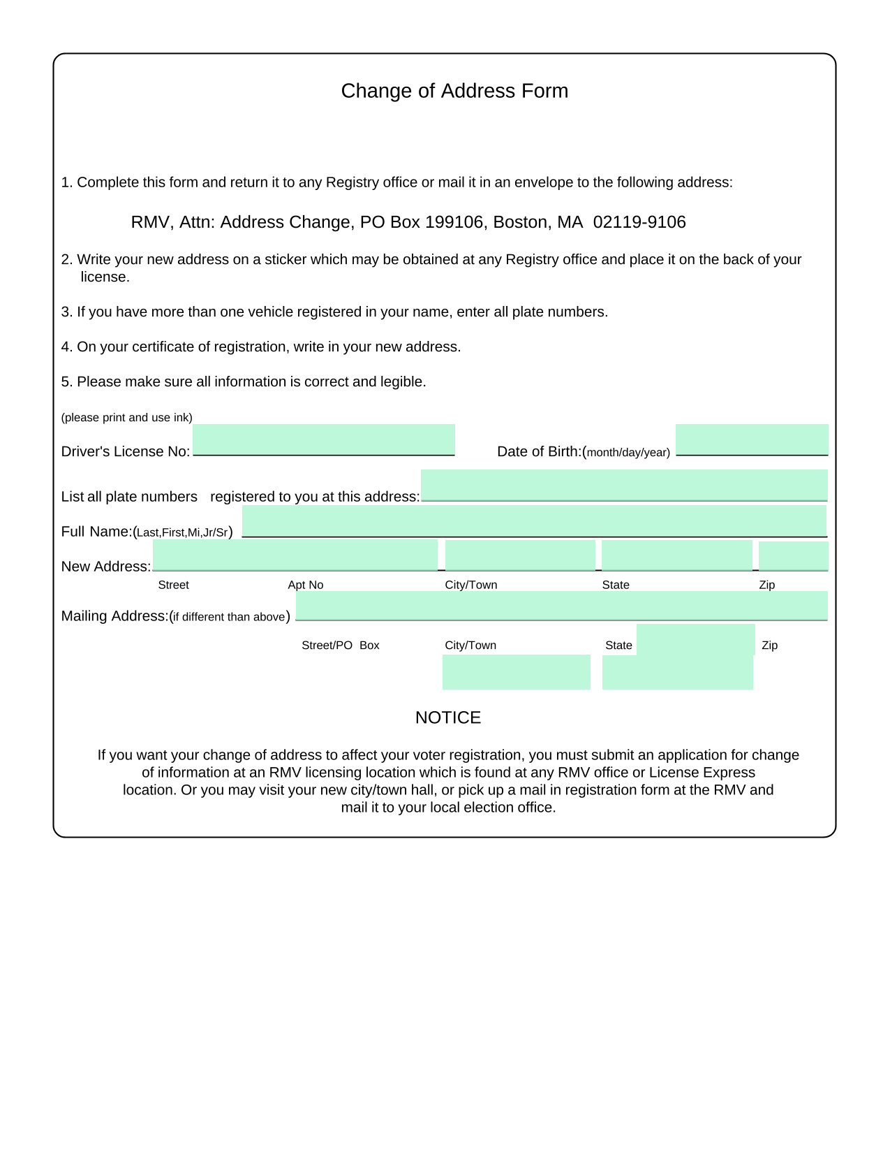 Change Of Address Form screenshot